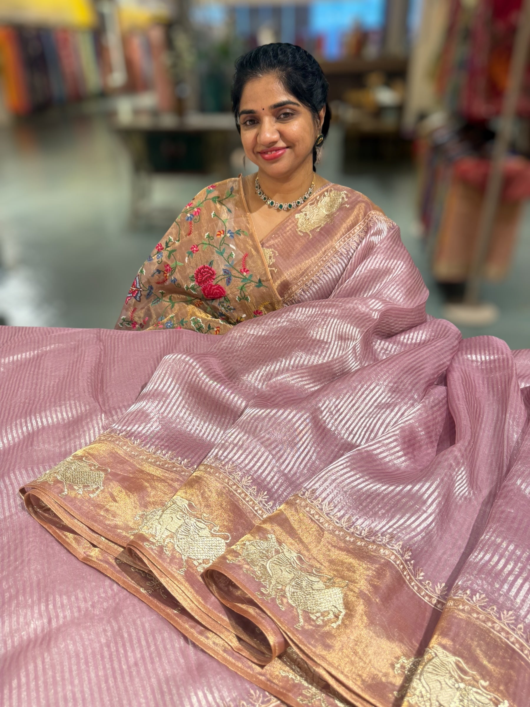 Lilac Kora tissue stripes Saree with Nandi embroidered tissue border