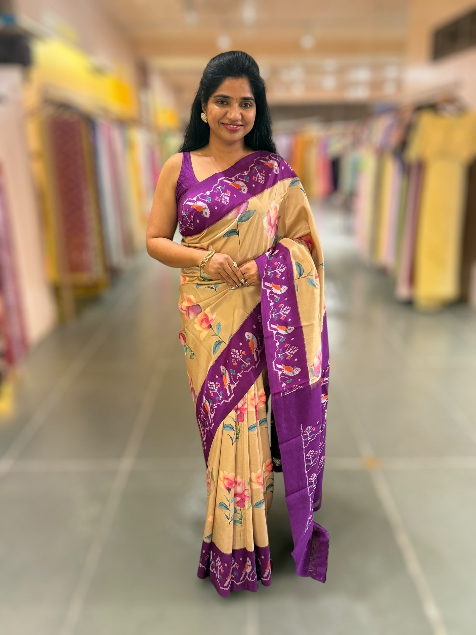 Chickoo & Purple combo Printed ikkath Patola saree