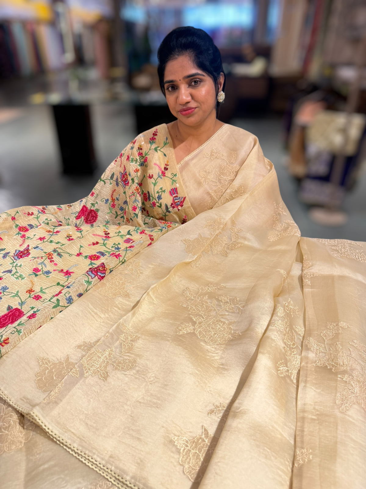 Beige Pure Organza with applique