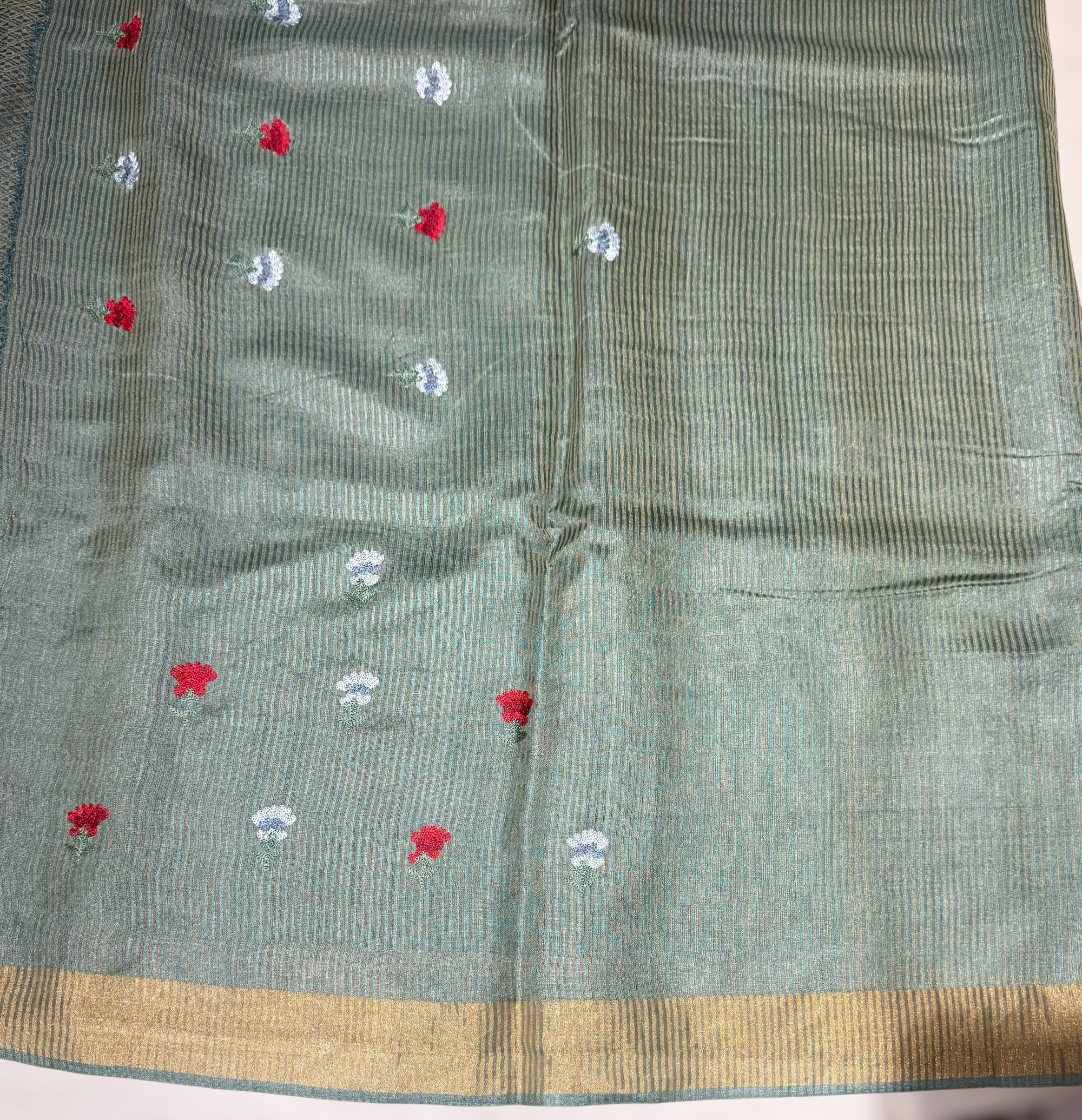 Sage Green Tussar Brocade Saree With Statement Red Rose Embroidery.