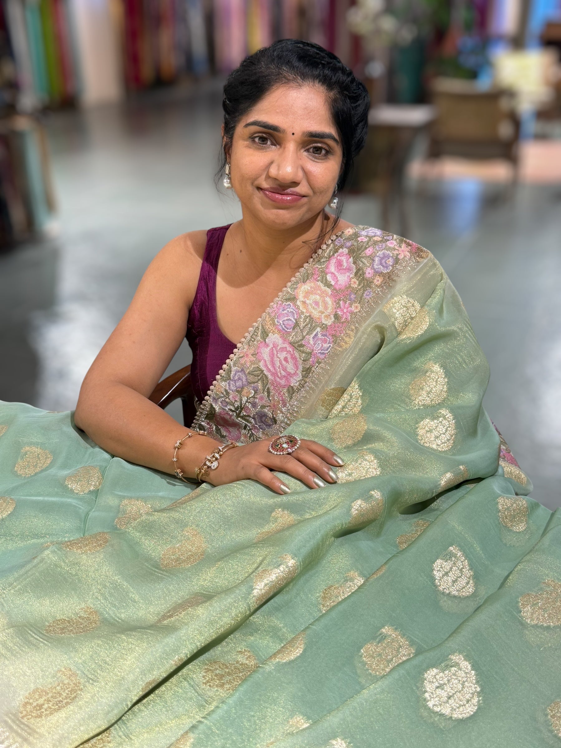 Mint Green Banarasi Tissue Gorgette Saree With Petite Point Embroidered Border