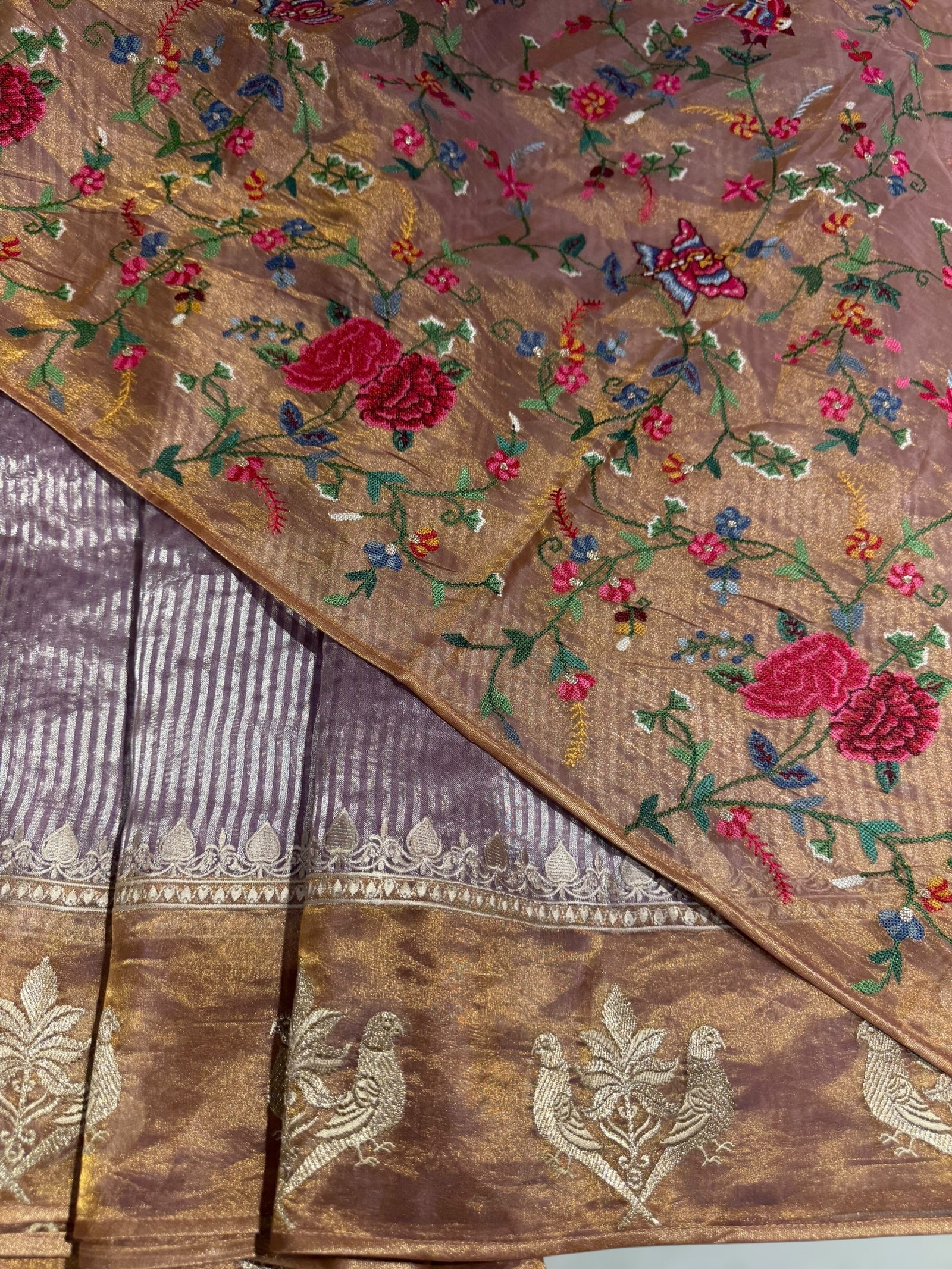 Lilac Kora tissue stripes Saree with embroidery