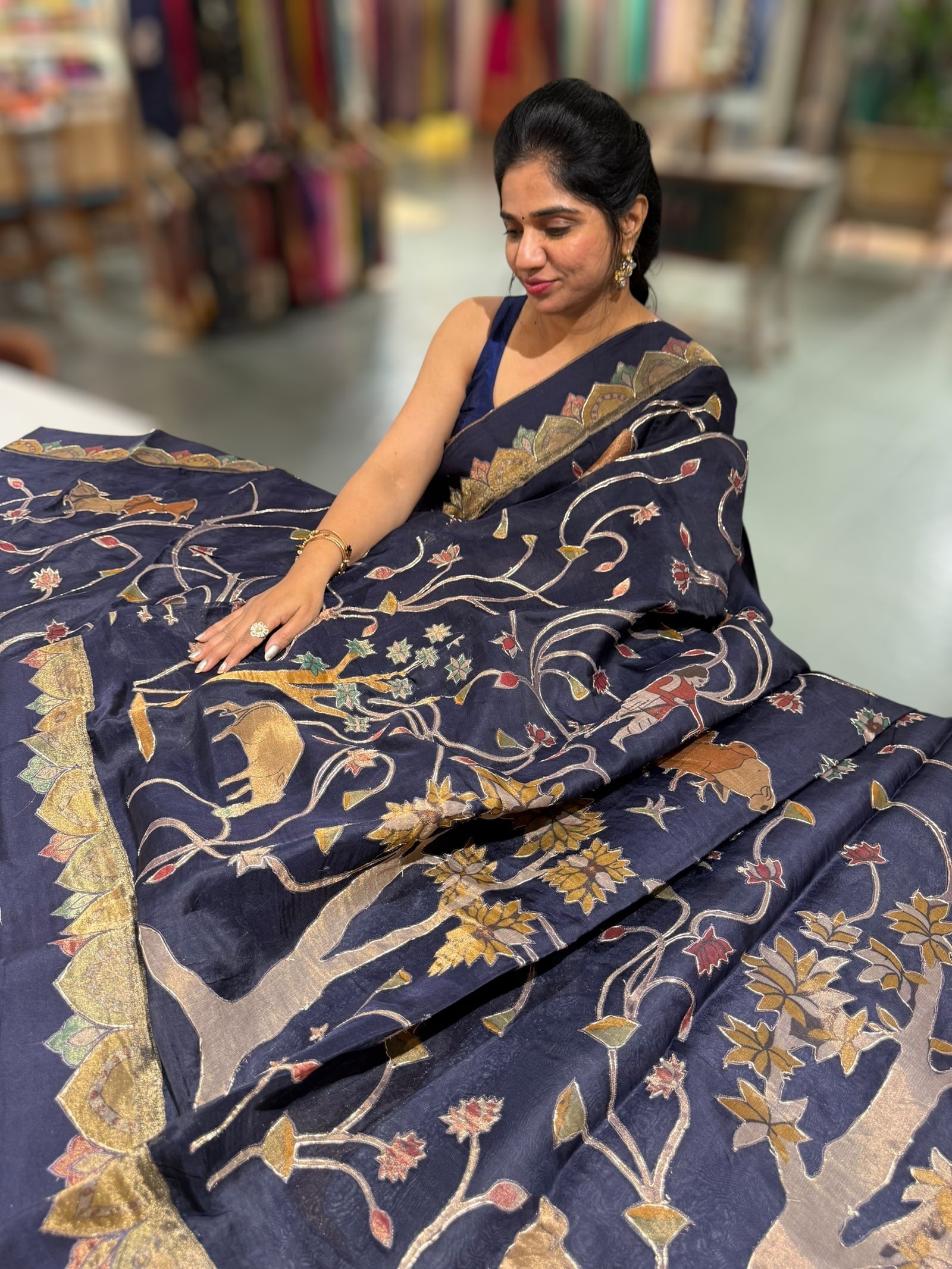 Midnight Blue Designer Organza Saree with Stunning Tissue Applique work Saree with Village theme