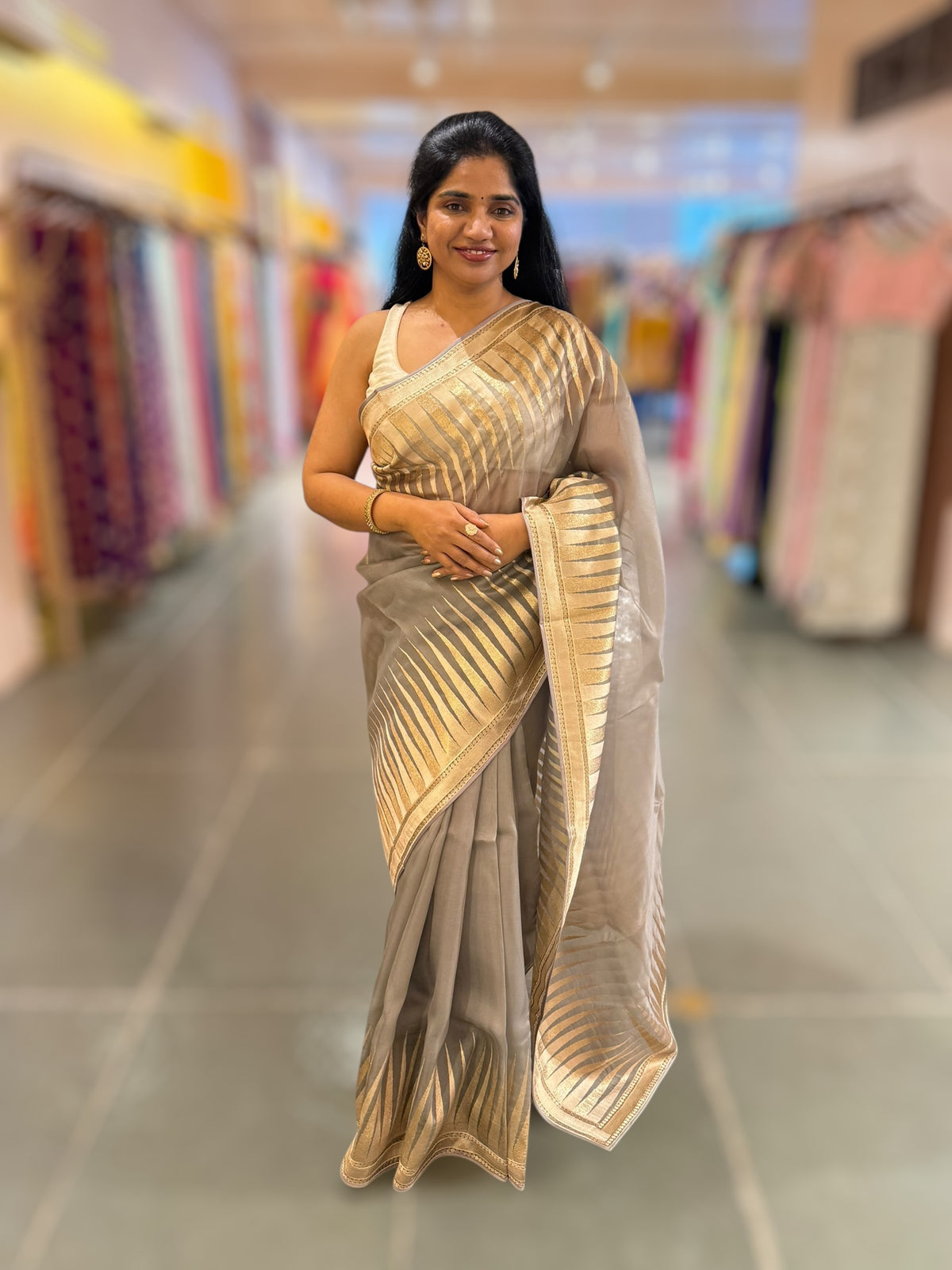 Grey Pure Organza With Temple Embroidered Border &amp; Tussar Printed Blouse