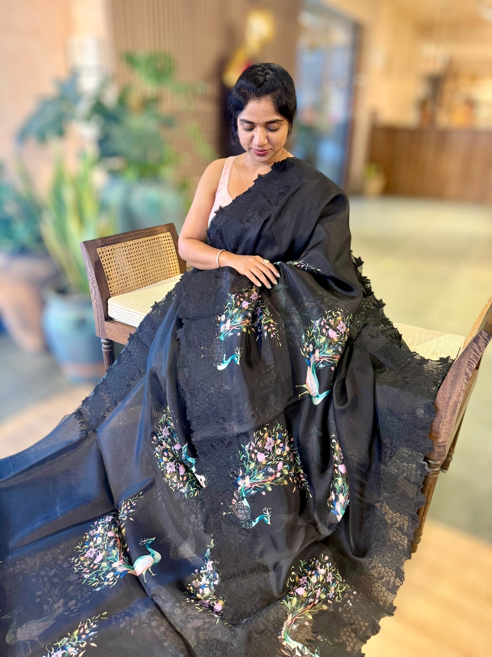 Black Printed Organza Saree With Chantilly Lace Style Embroidered Border.