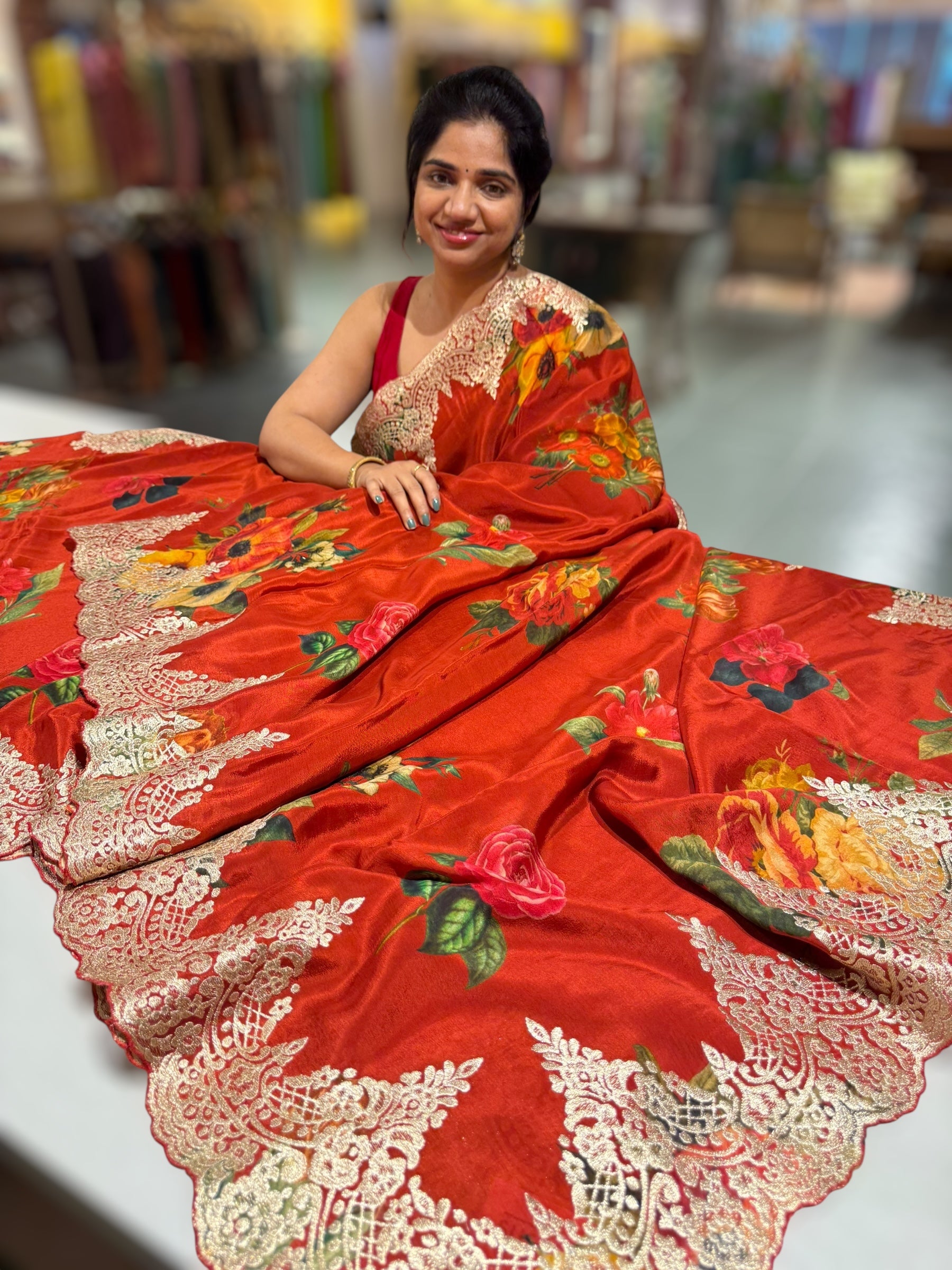 Red Crepe Printed Saree with Chanitlly Lace style Embroidery
