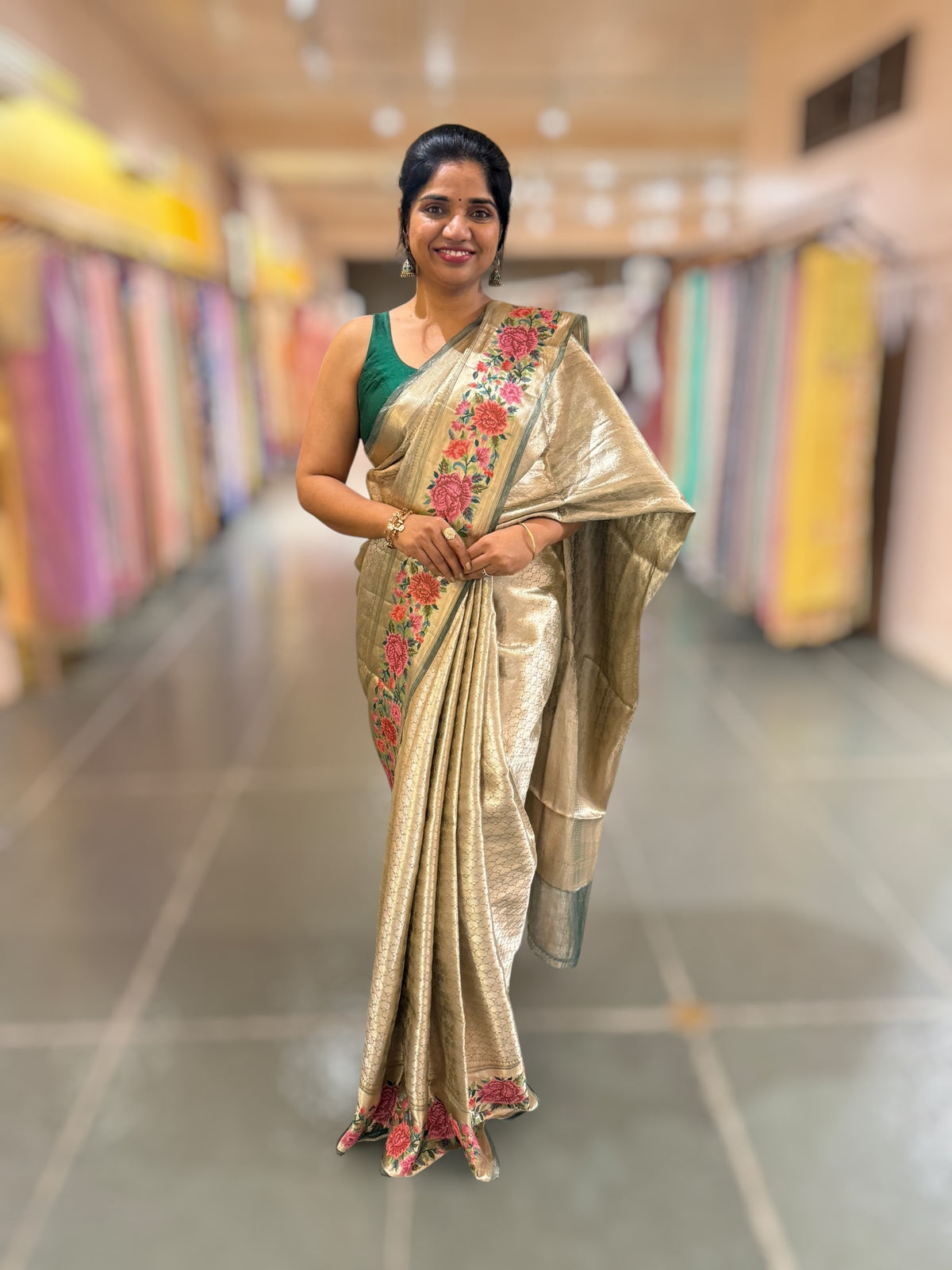 Bottle Green Base Banarasi Tissue Brocade Saree with Petite Point Embroidered Border