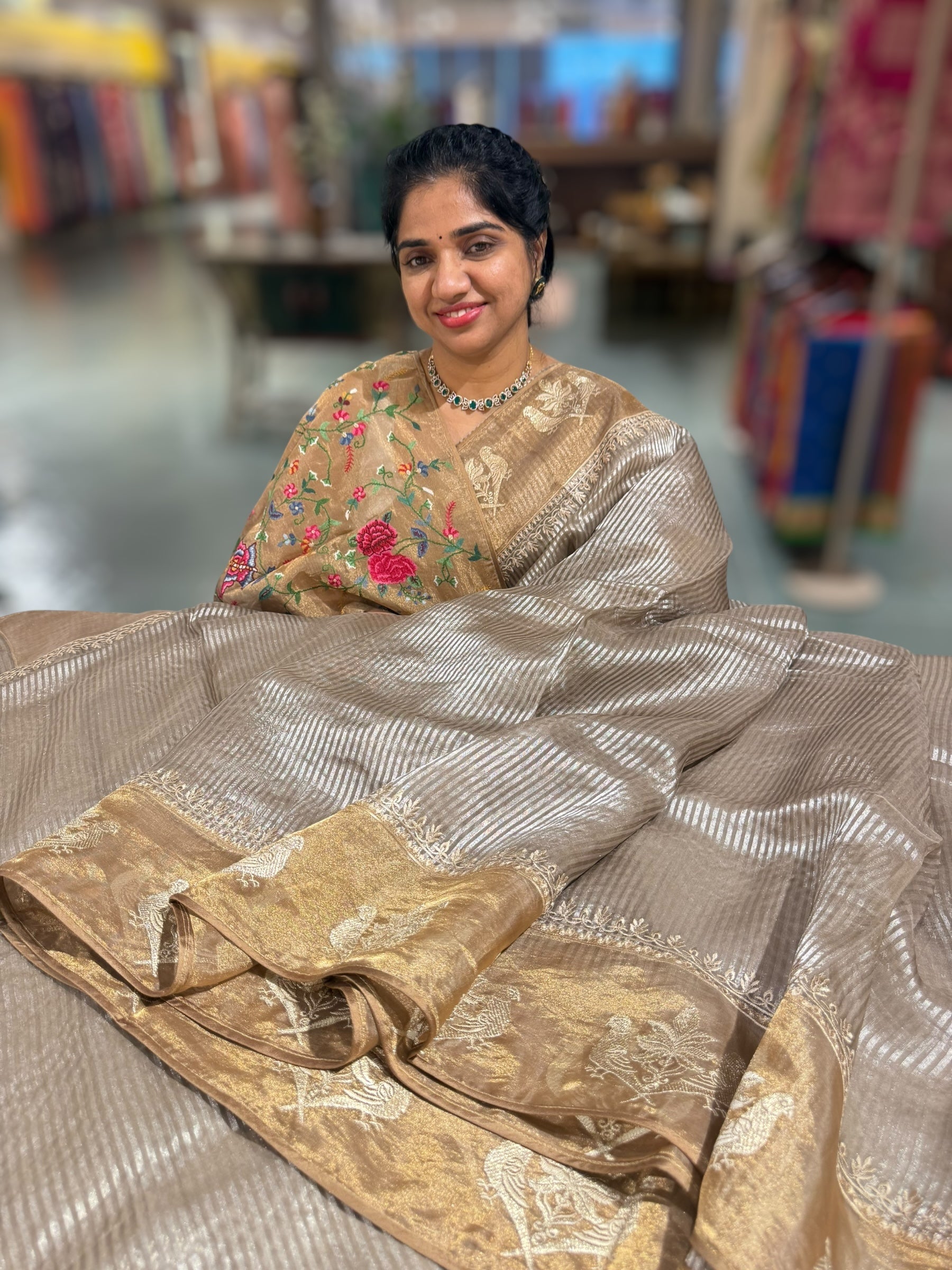 EarthyTone Kora tissue silver stripes Saree with double parrot  embroidered tissue border