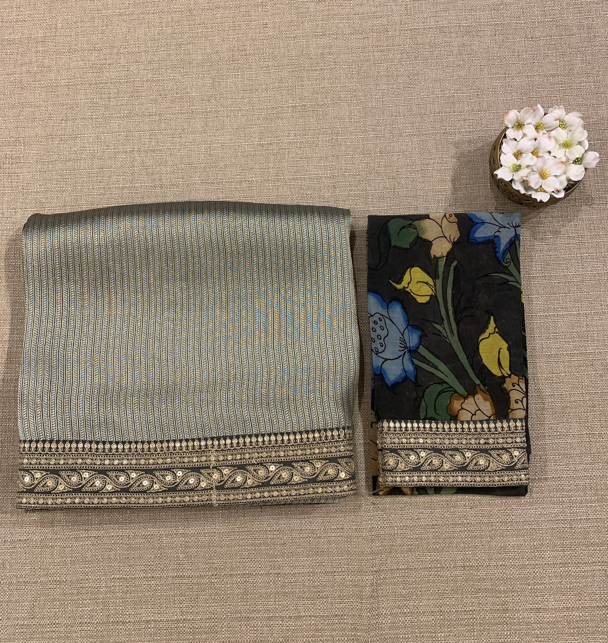 Elephant Grey Banarasi tonchoi with pen kalamkari Blouses