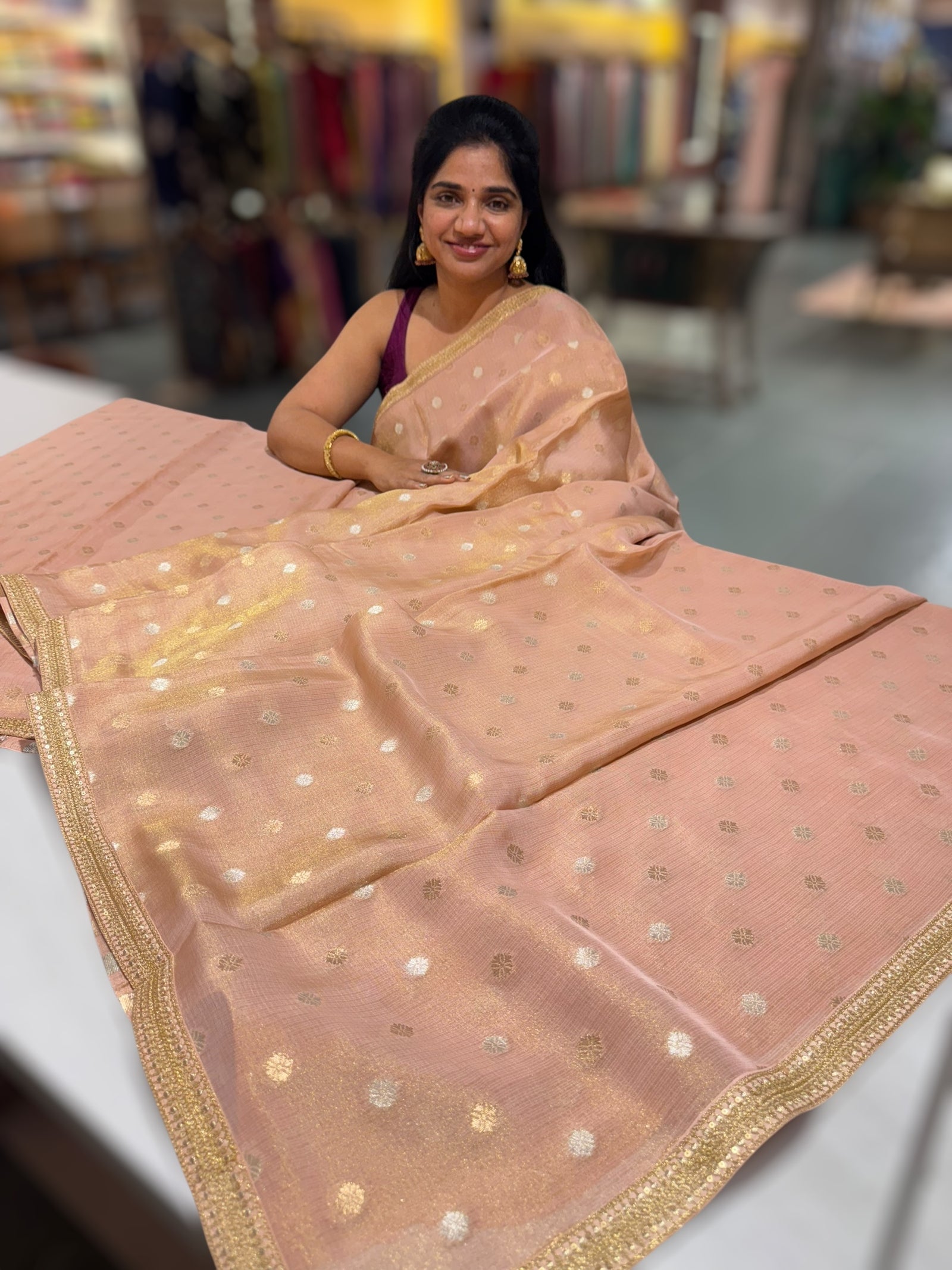 Nude Pink tissue Kota saree with sabyasachi borders and fancy Pythani tissue blosue