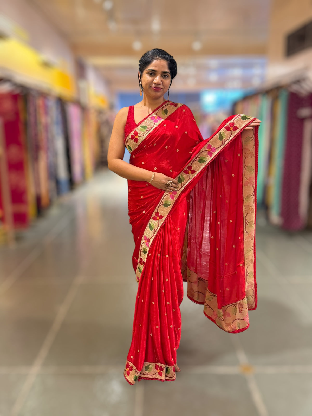 Red Satin Saree with Paithani Embroidered Border