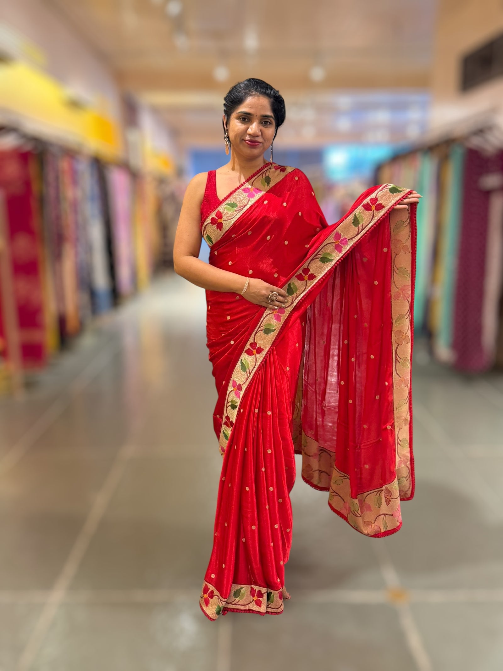 Red Satin Saree with Paithani Embroidered Border