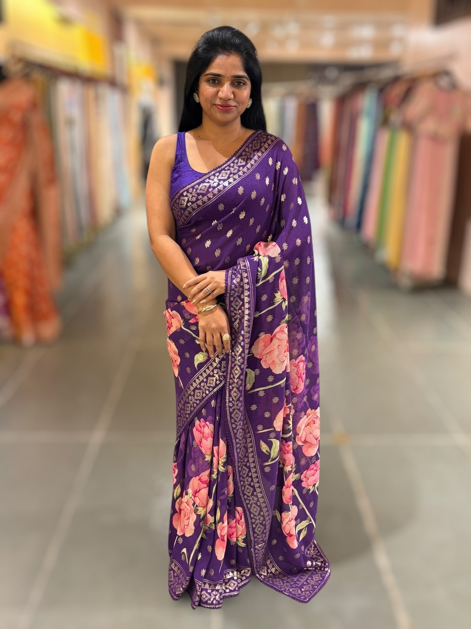 Brinjal georgette sequence saree with statement floral print