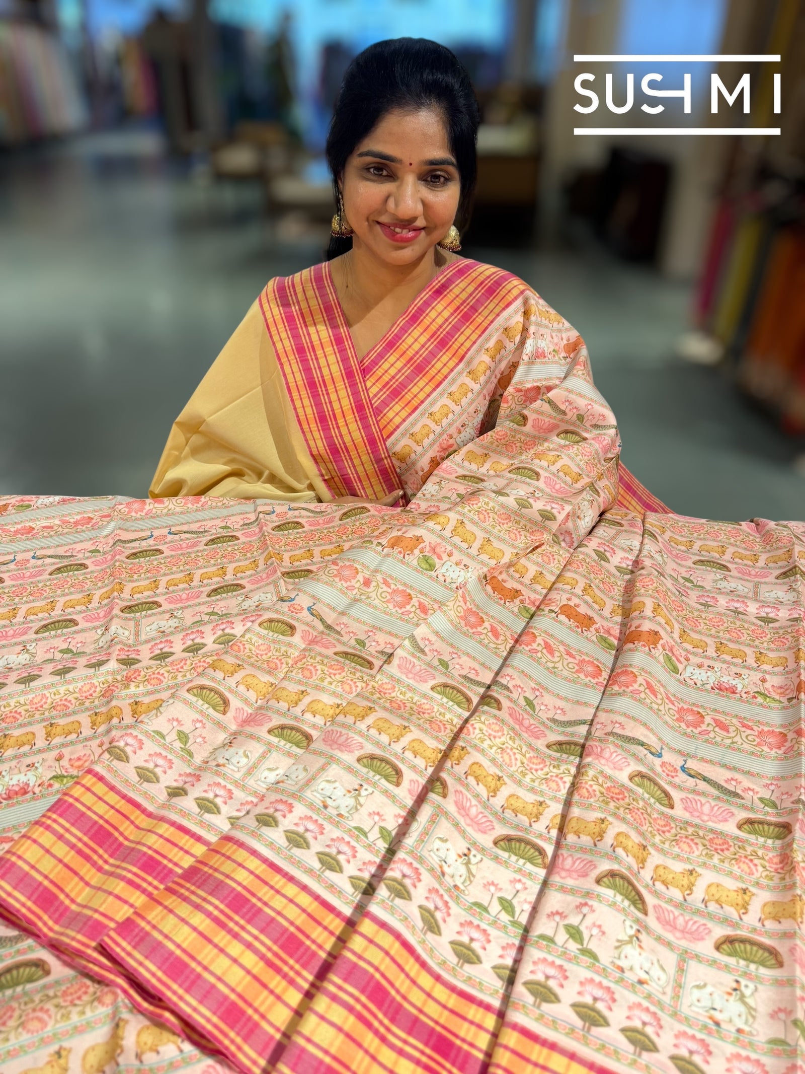 Pastel Pink printed soft silk saree with burberry checks border : D62F036