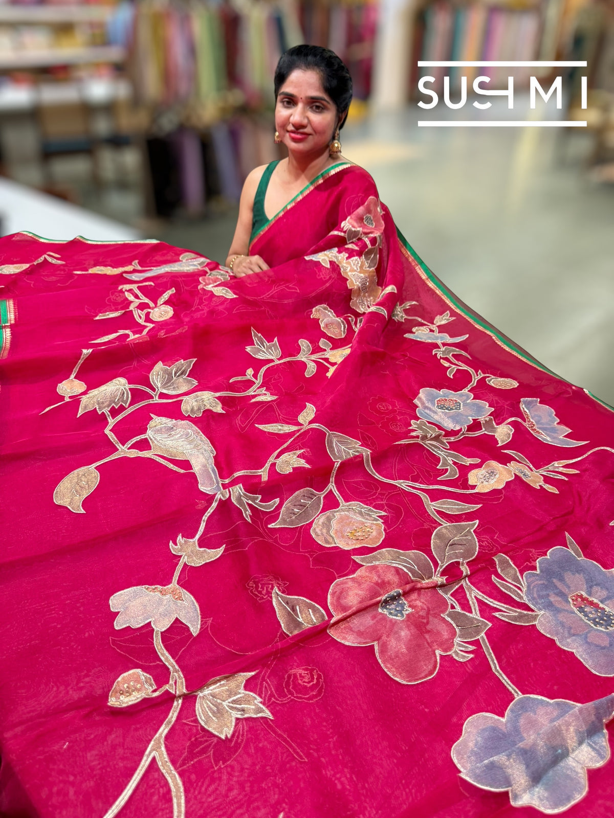 Ruby Pink Designer Organza with Tissue applique work : S62F093