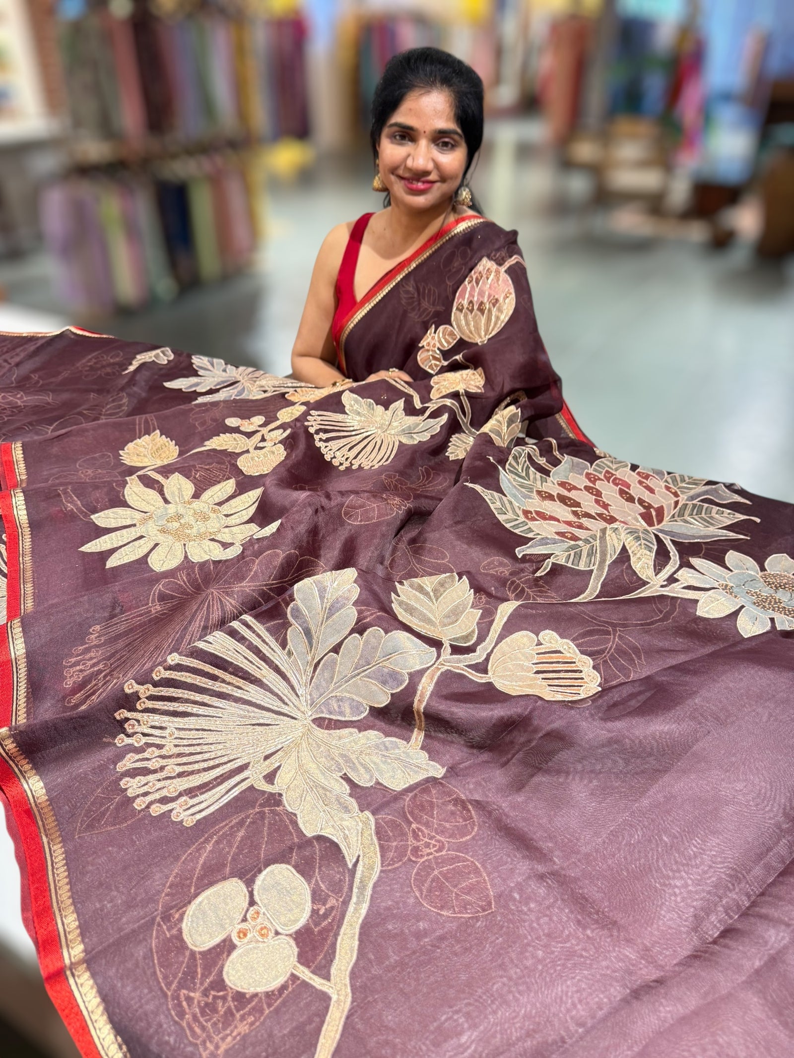 Brown Designer Organza with Tissue applique work