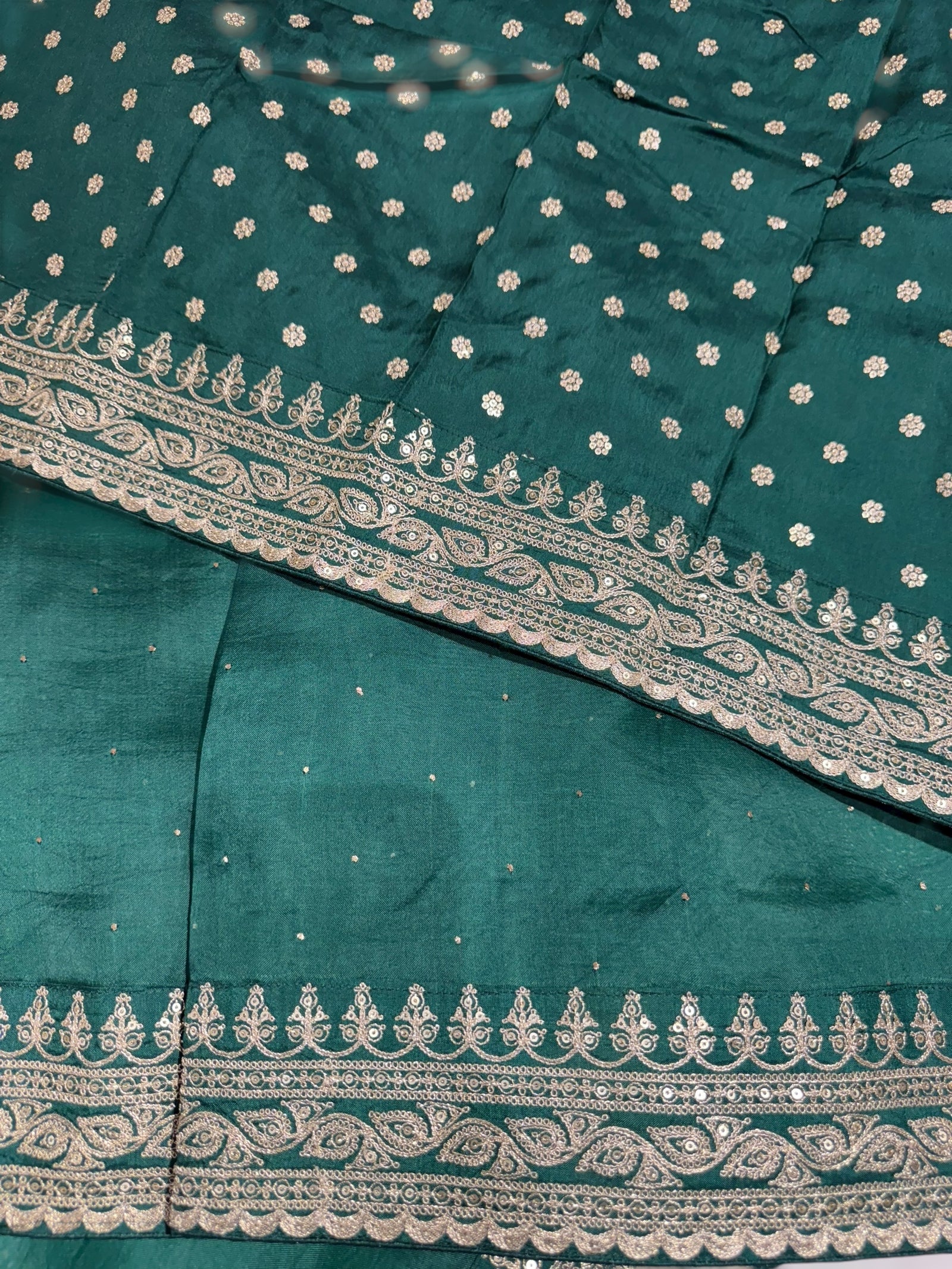 Emerald Green Pure Organza Saree with allover mukaish work & sabyasachi borders
