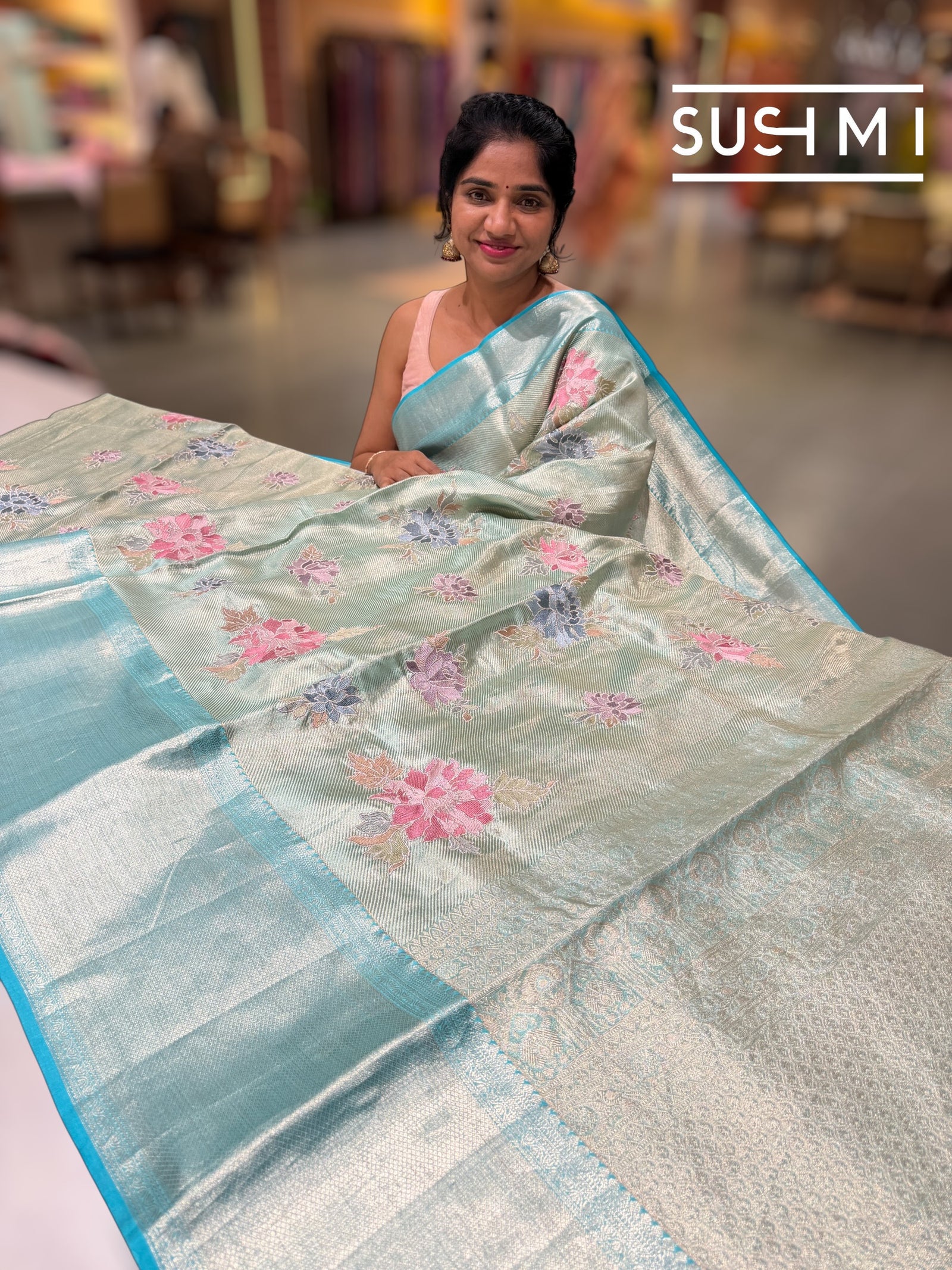 Mint Blue  Kanchi Tissue Saree with embroidery: S62F228