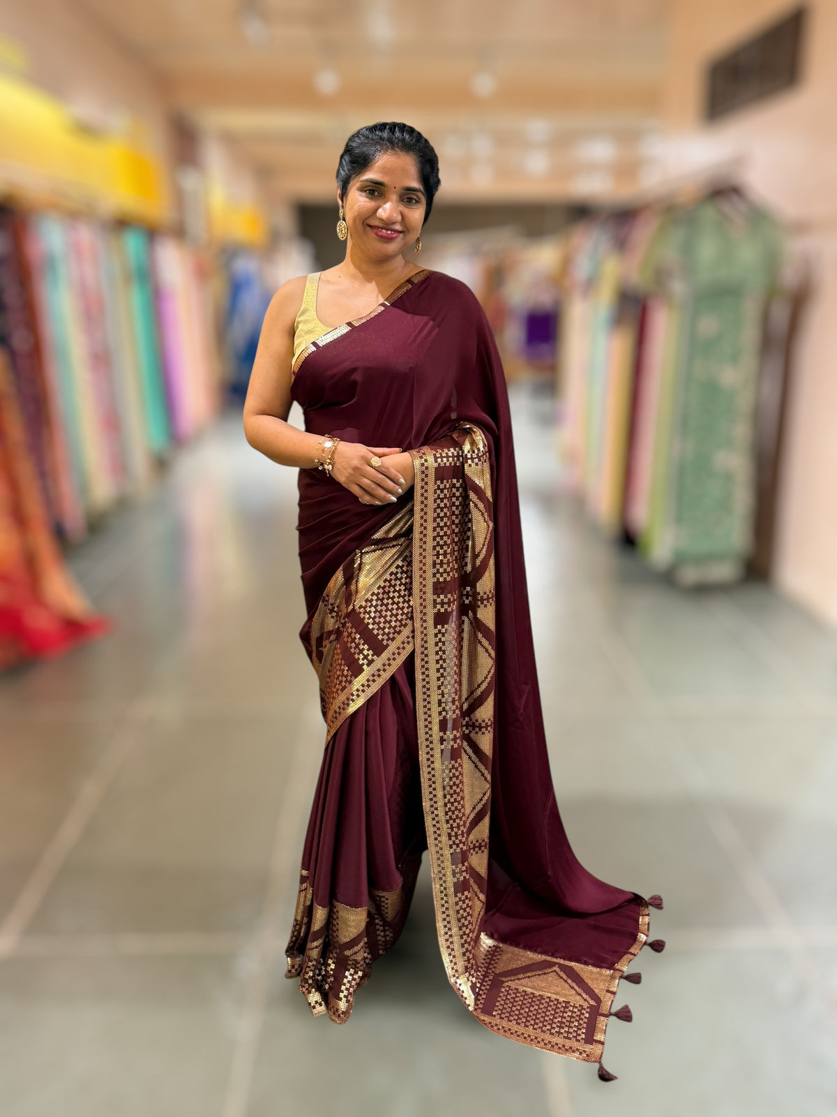 Burgundy Pure Satin Saree with designer sequence border and blouse