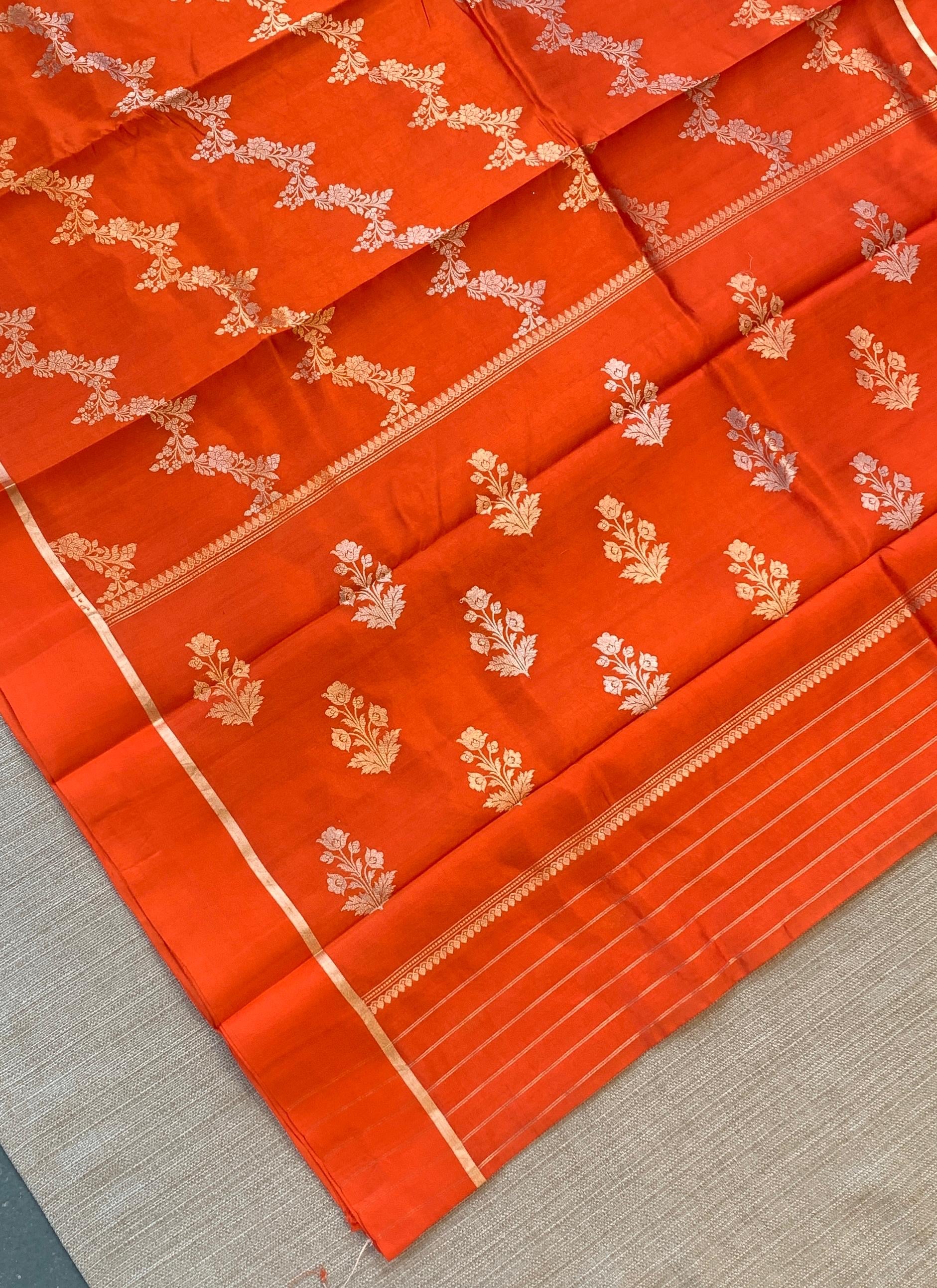 Orange Raw Mangoe Silk Saree in half and half style