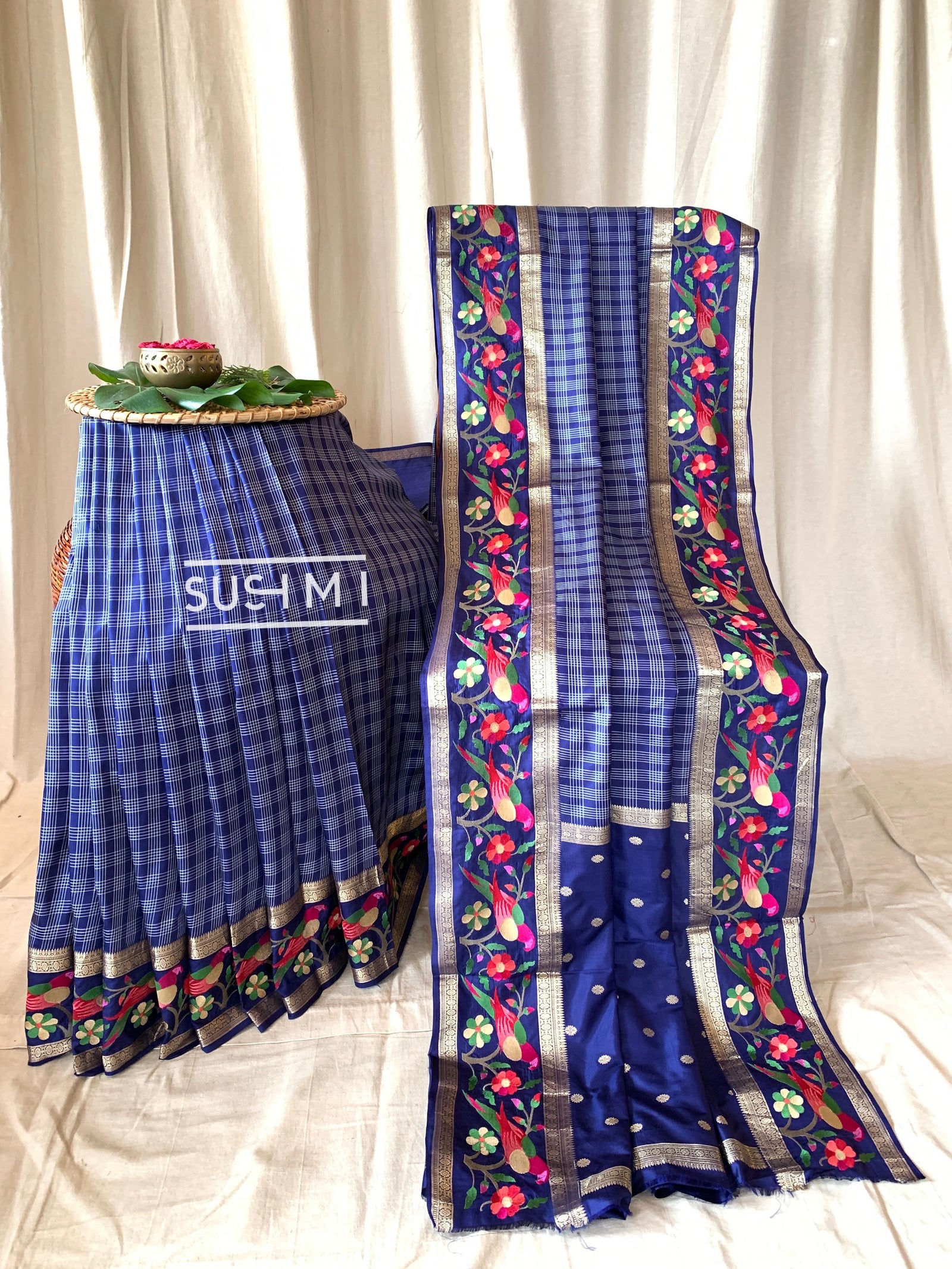 Midnight Blue Vintage checks Kanjeevaram soft silk saree with embroidery D62F040