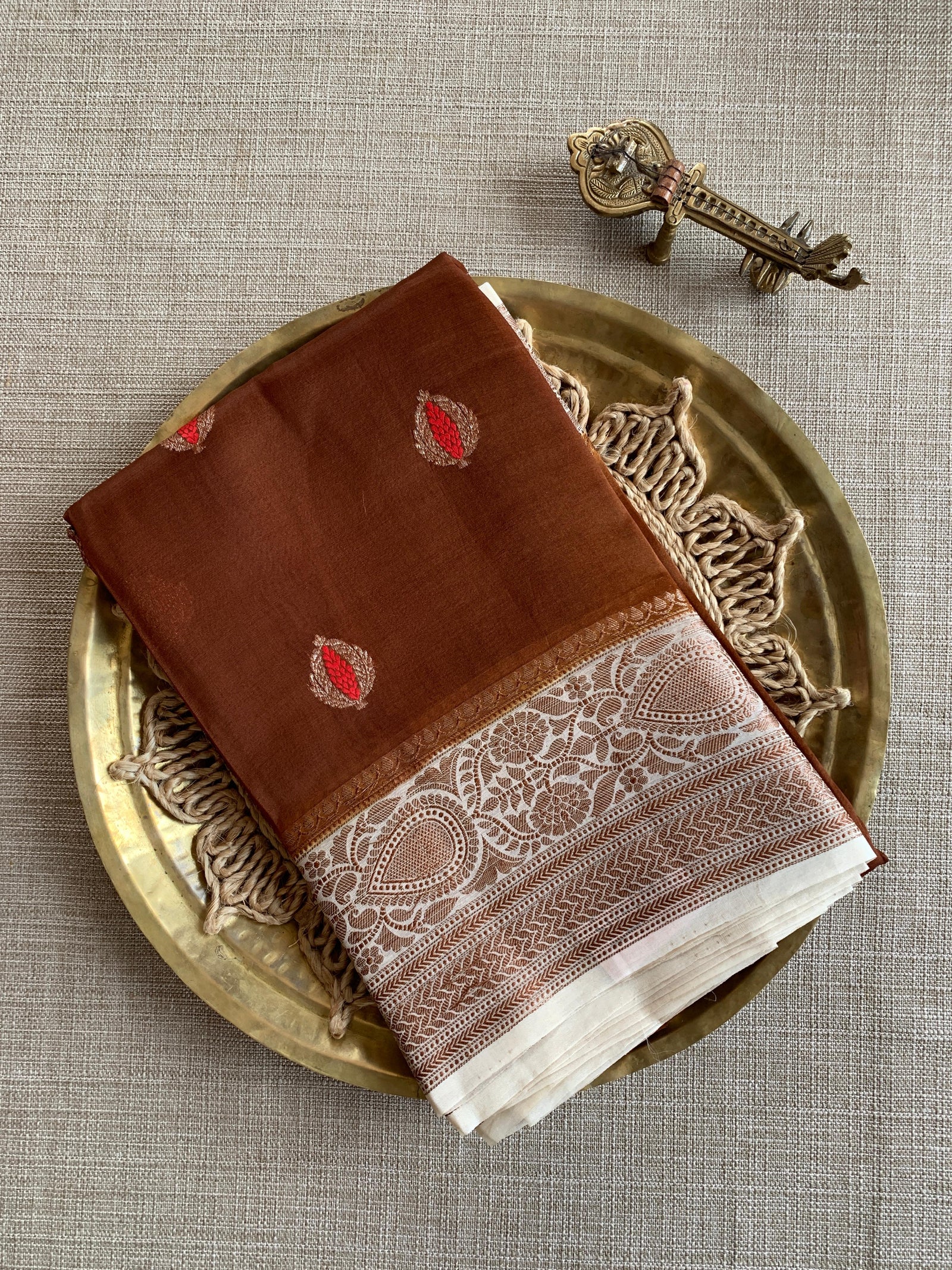 Rust Brown & Beige Combo Kora Banarasi Saree with Meenakari Kaduwa woven motifs