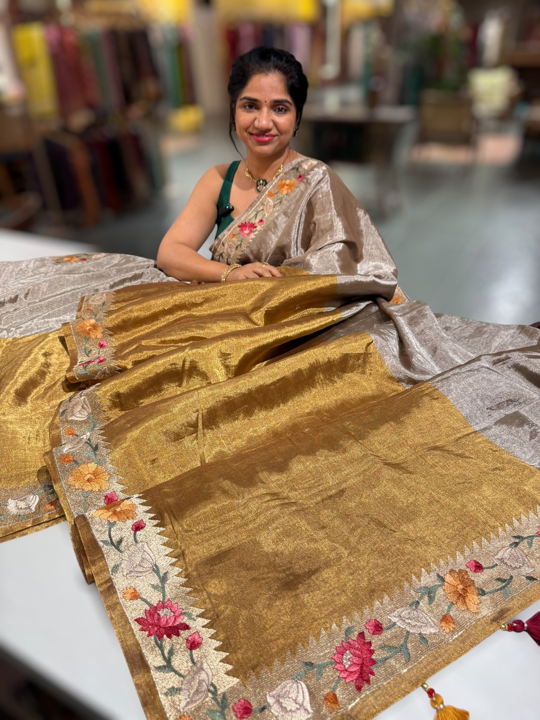 Handloom Tissue Saree with Paithani inspired embroidered border.