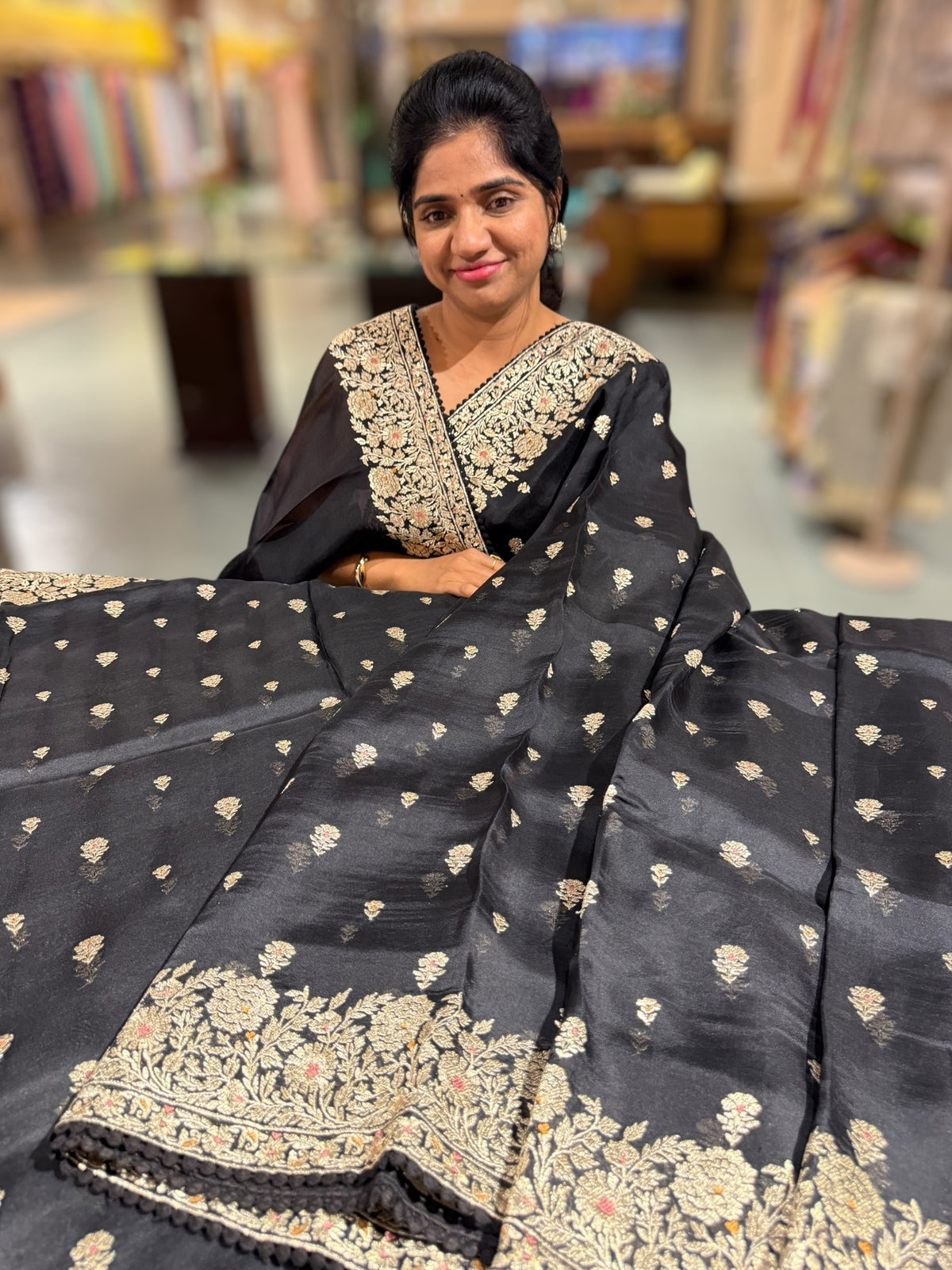 Black Organza Saree with gold zari embroidery