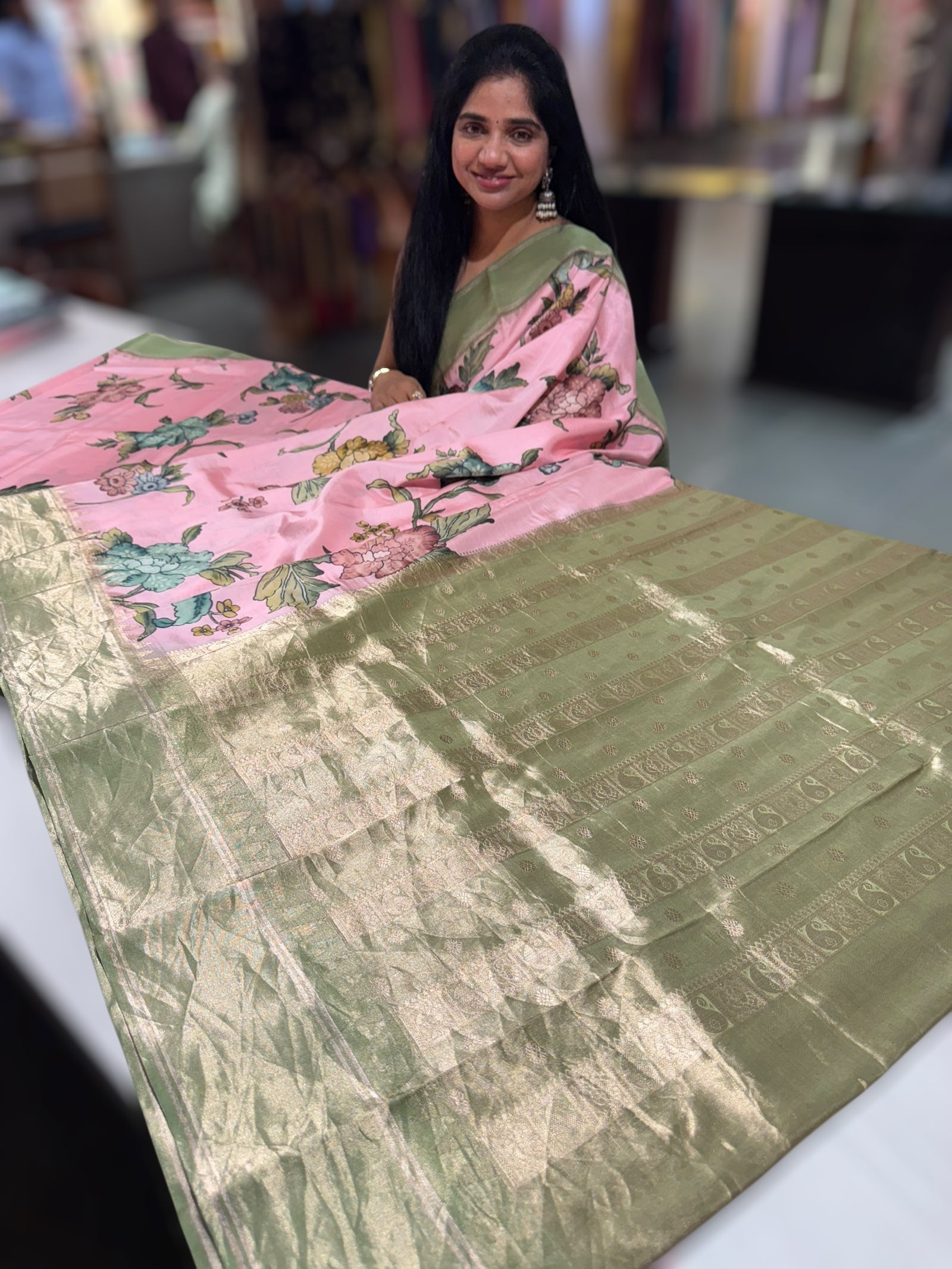 Baby Pink Kanjeevaram Designer print saree