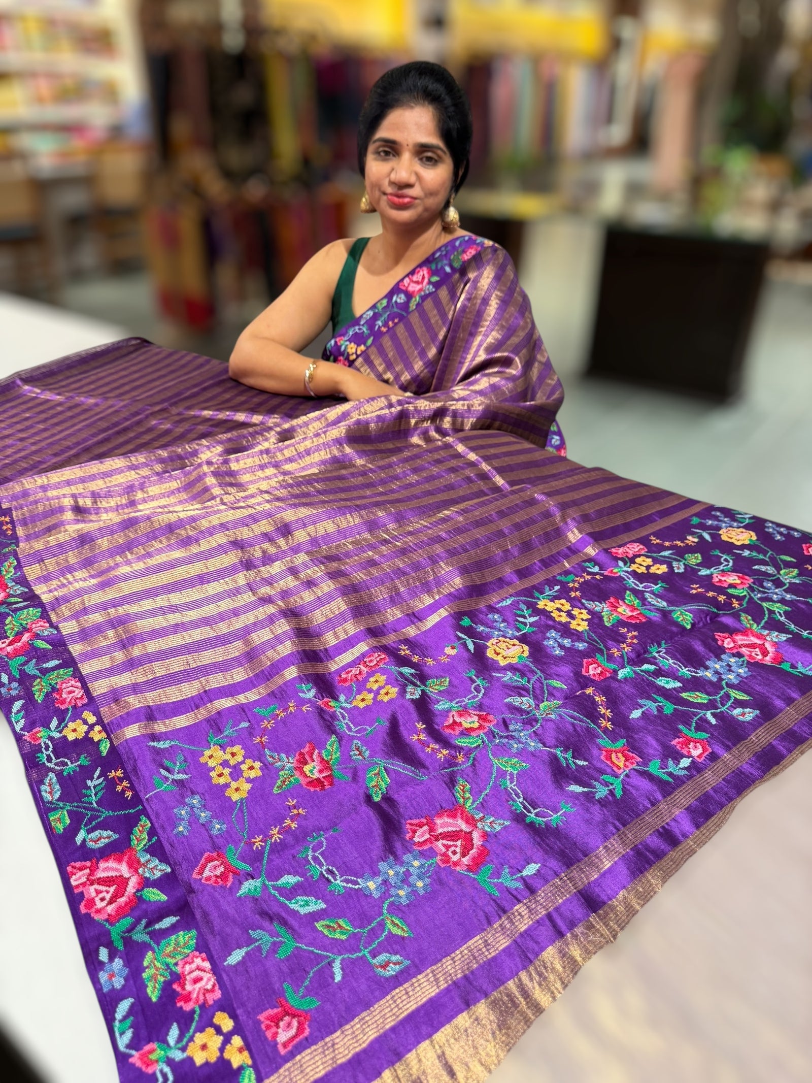 Brinjal Banarasi Tissue stripes Saree with petite point embroidery