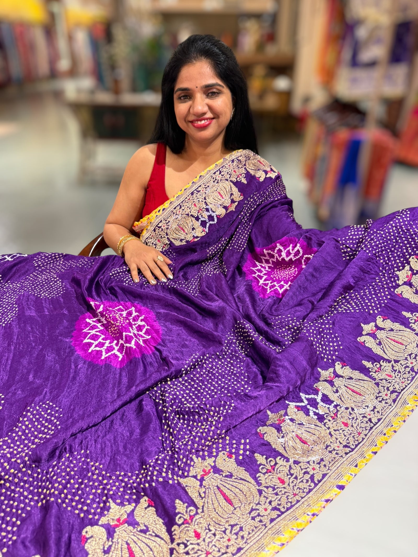 Dark Voilet Designer Rai Bandhej Saree With Embroidered Border