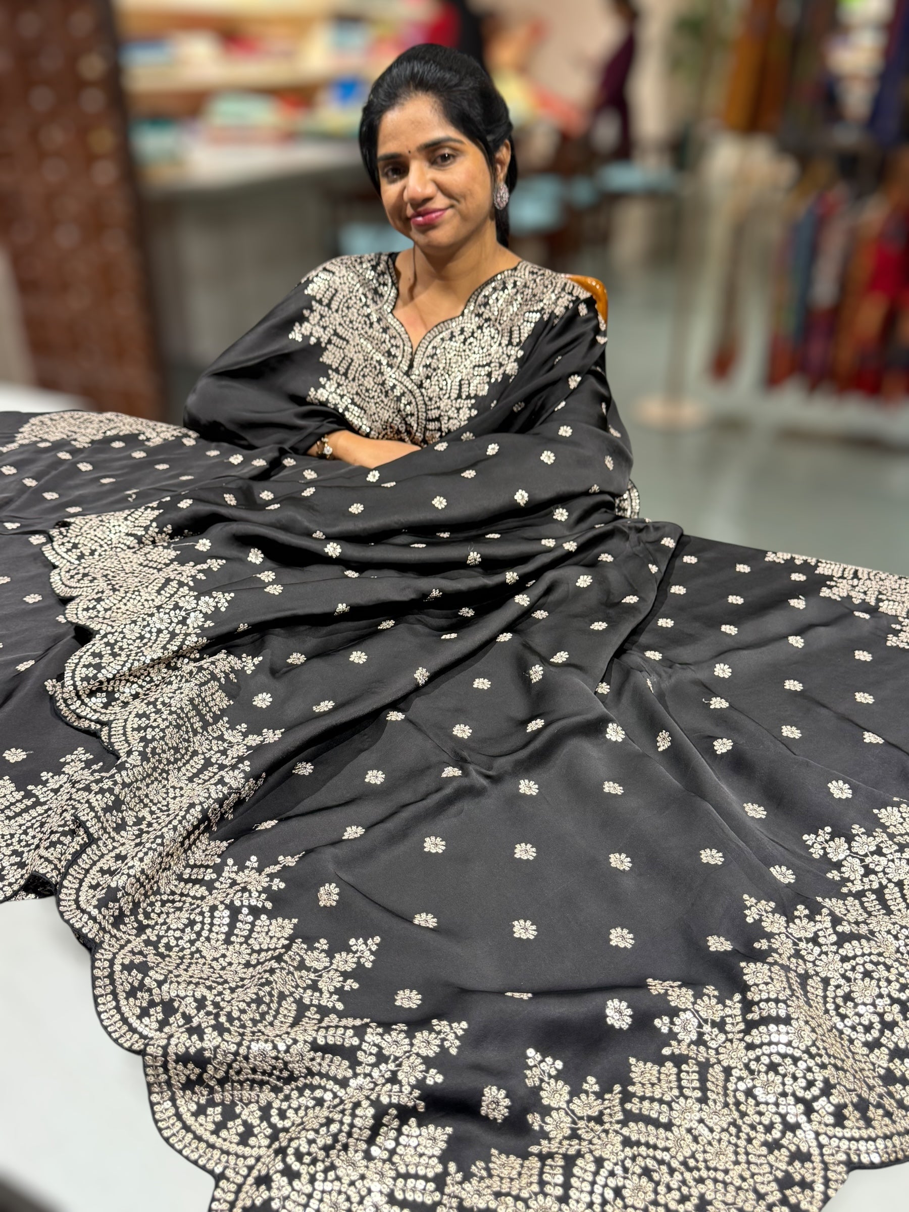 Black Satin Saree with heavy sequnce embroidered scallop Border
