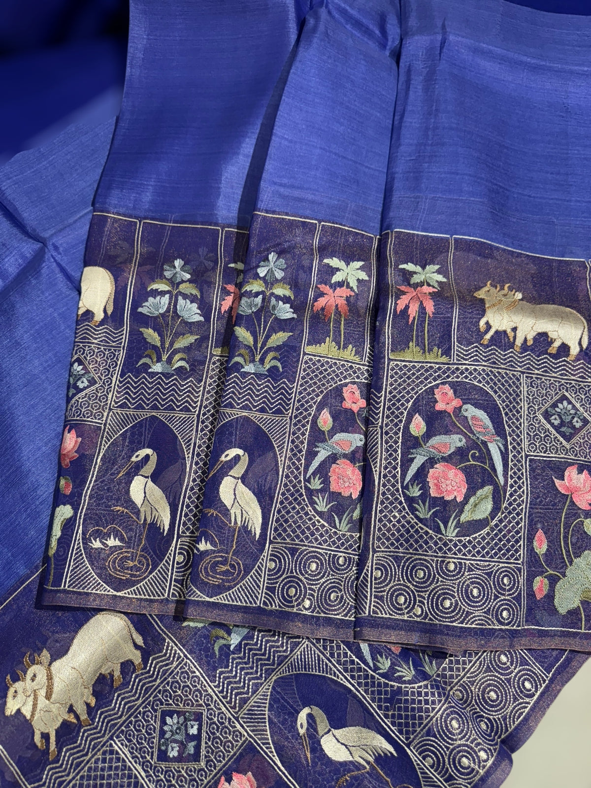 Royal Blue Kora-Tussar blend Handloom Saree with Tissue embroidered Skirt Border