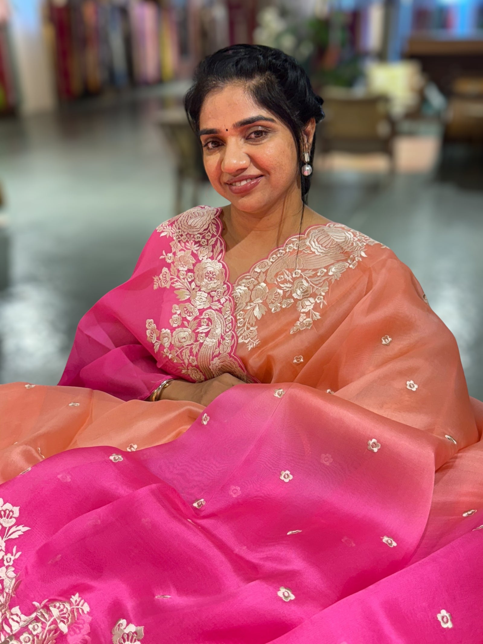 Peach & Neon Pink Shaded Organza Saree with Parsi Gara Embroidered Border