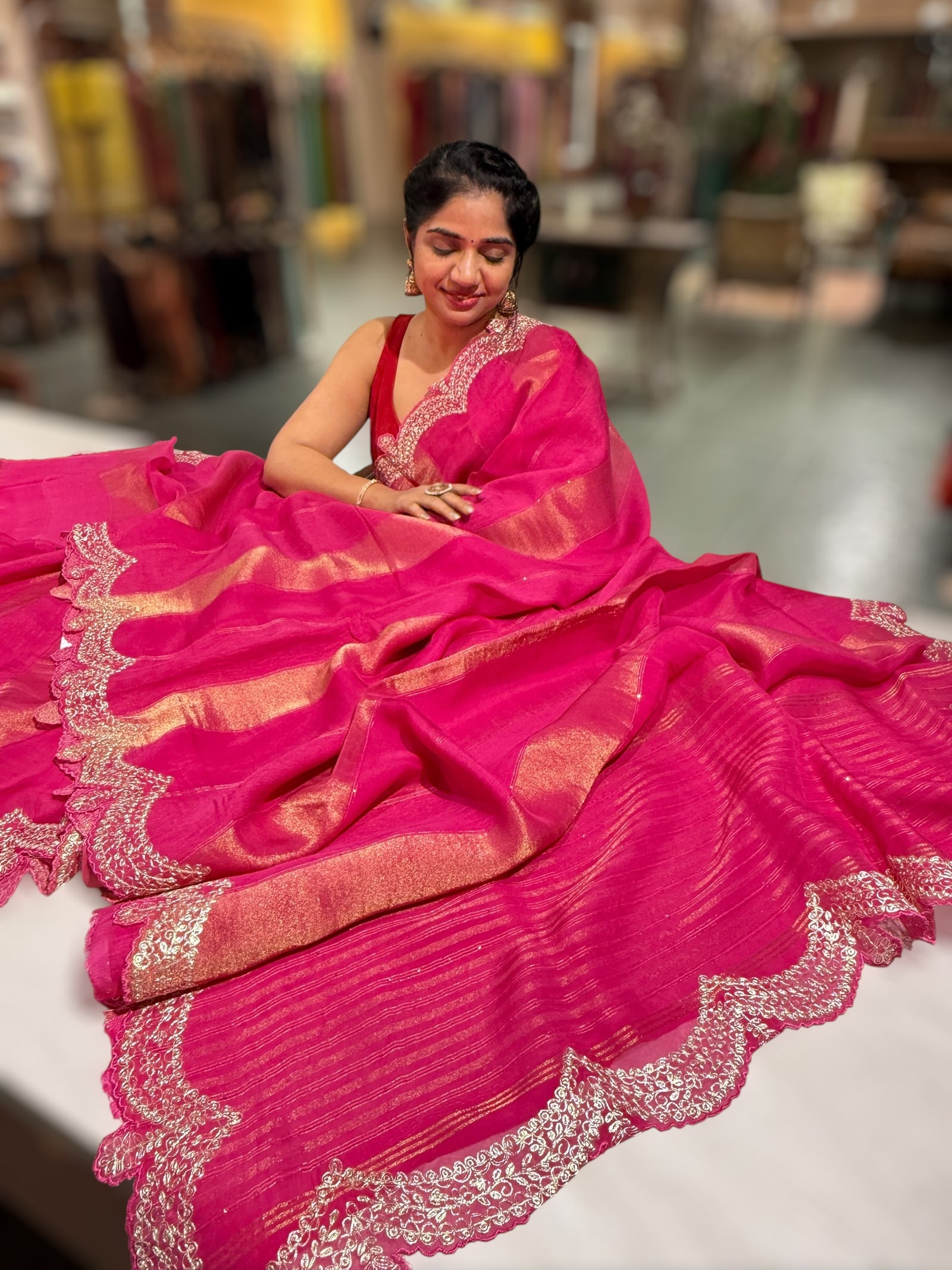 Rani Organza and Tissue stripes Saree with Pita Embroidery