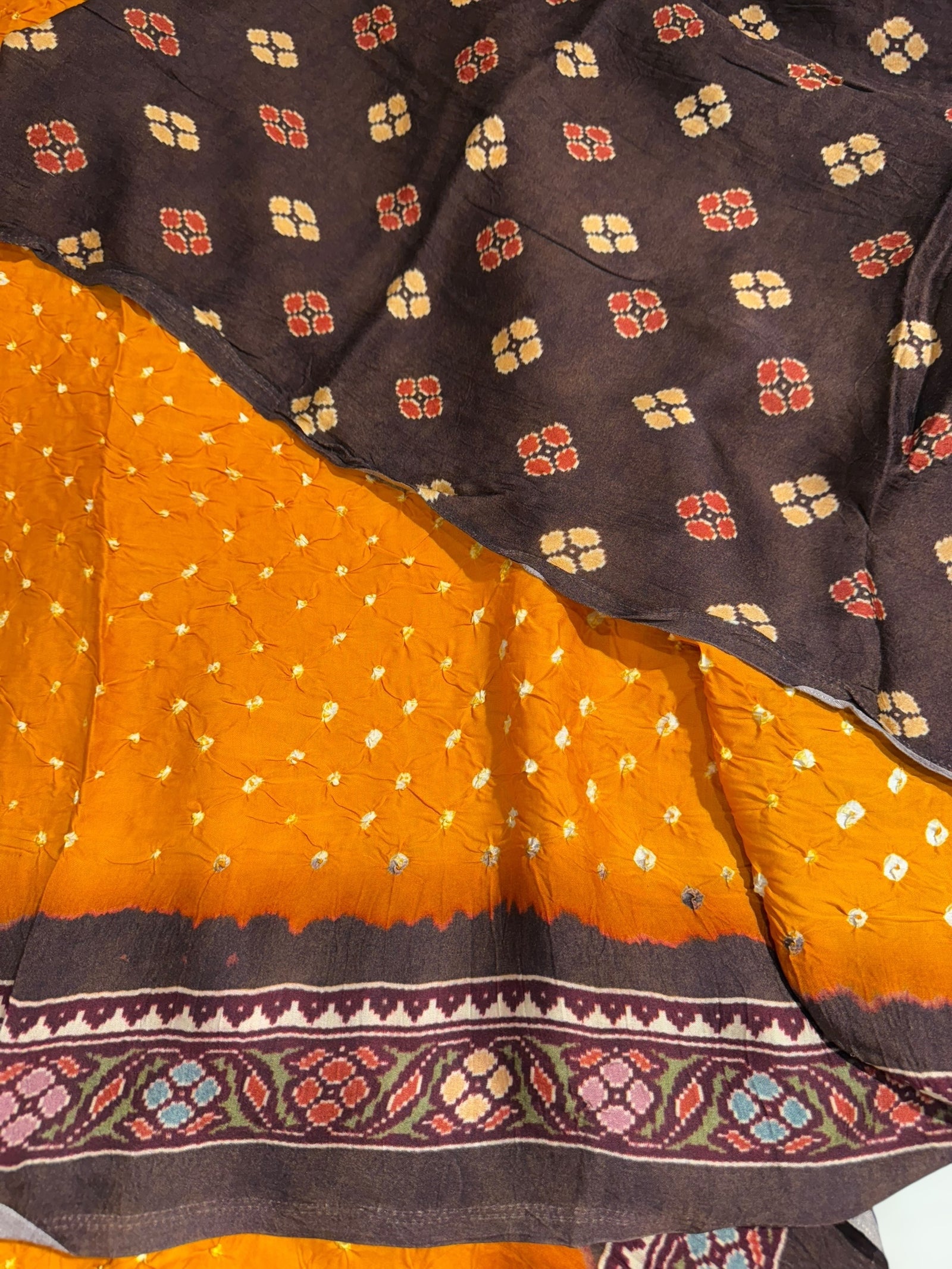 Mustard bandhini kalamkari modal satin saree