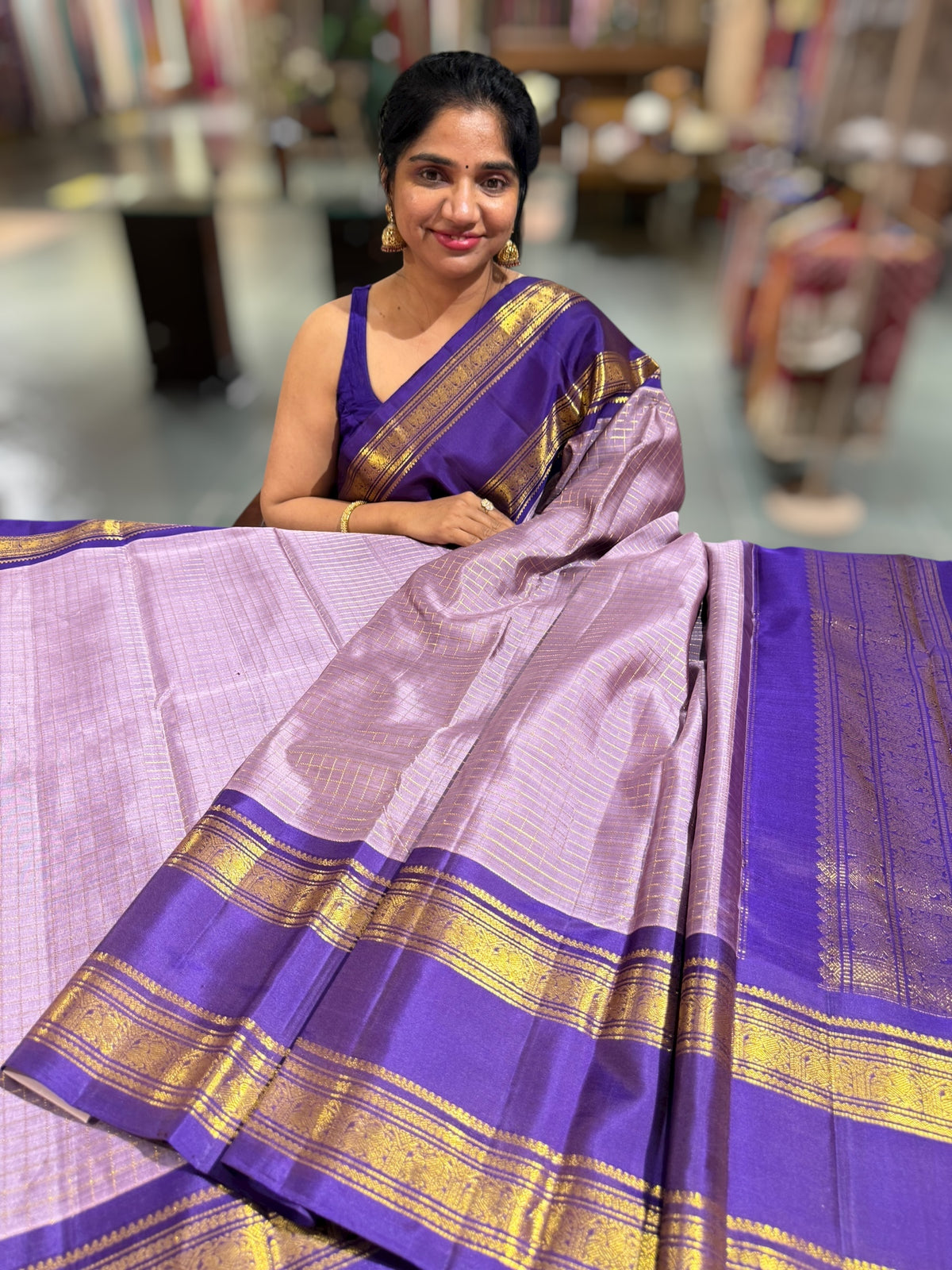 Mauve & Brinjal Combo Kanchipuram Vintage checks Saree with gap borders