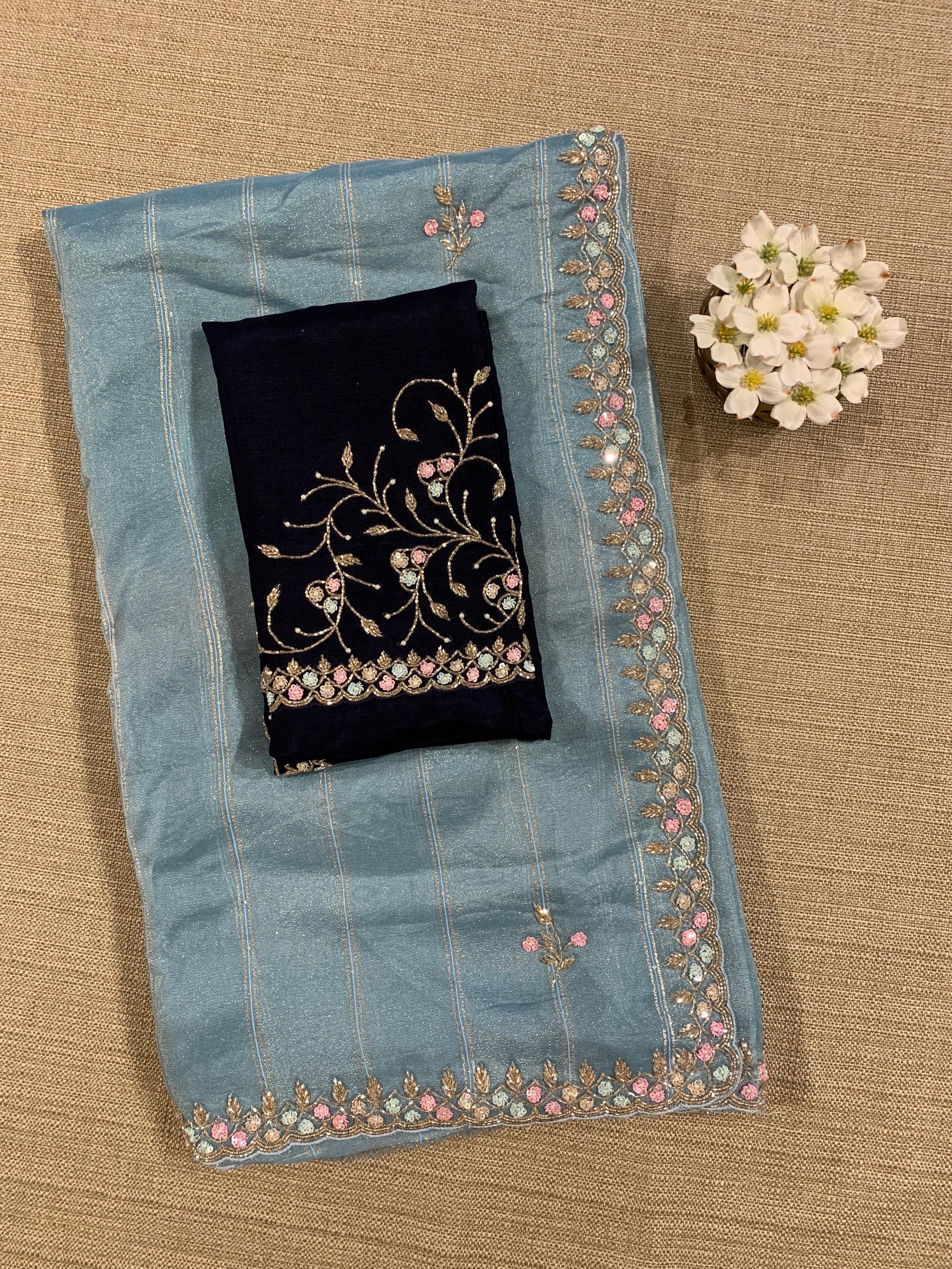 Tissue Gorgette Saree With Handwork Border and Blouse.