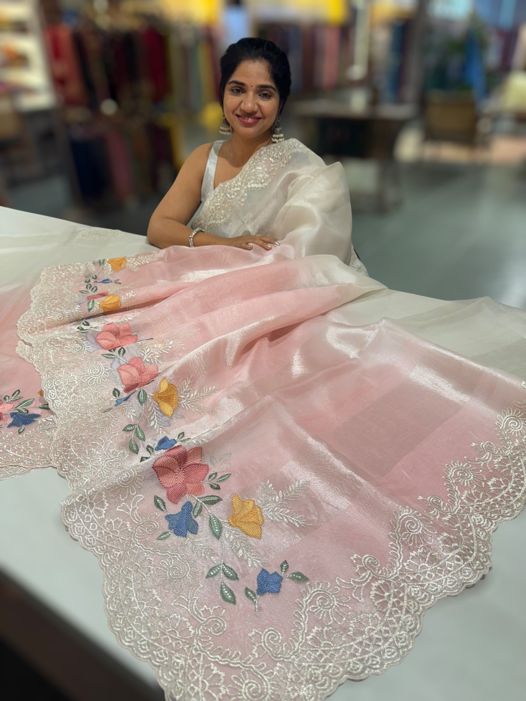 Pastel Pink & Silver Ombre dyed Tissue Saree with Cutwork embroidered Borders