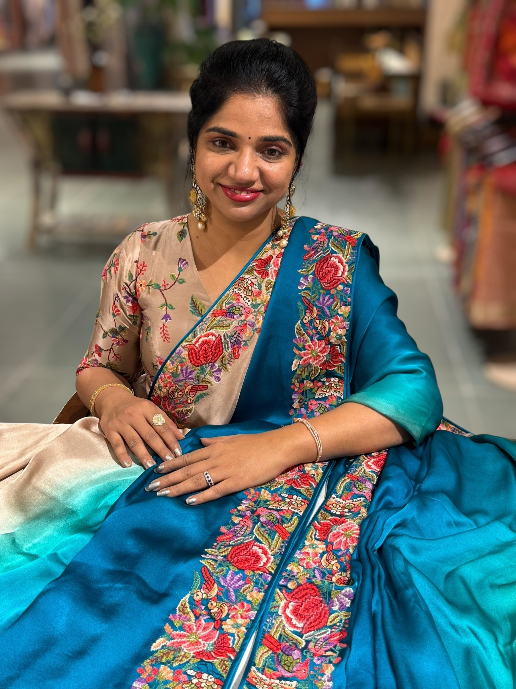 Pure Satin Ombre Dyed Saree with Petite Point Embroidered Border and blouse.