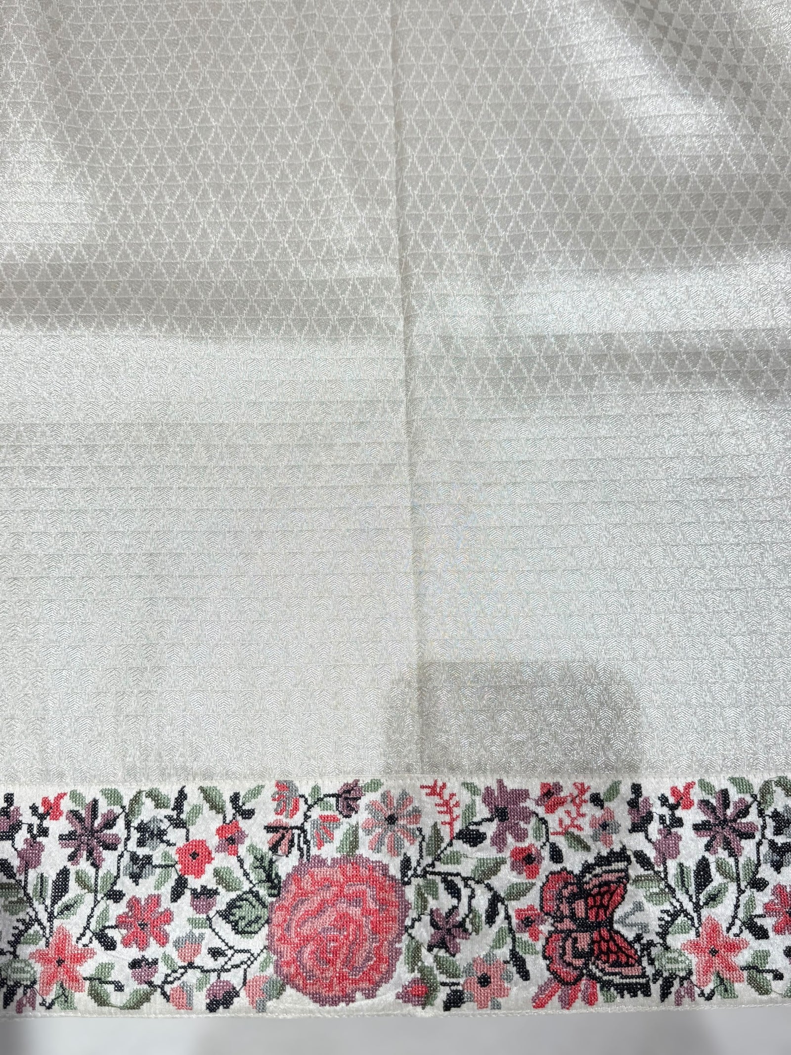 Half White Banarasi  brocade Silk Saree with Petite Point Embroidered Border.