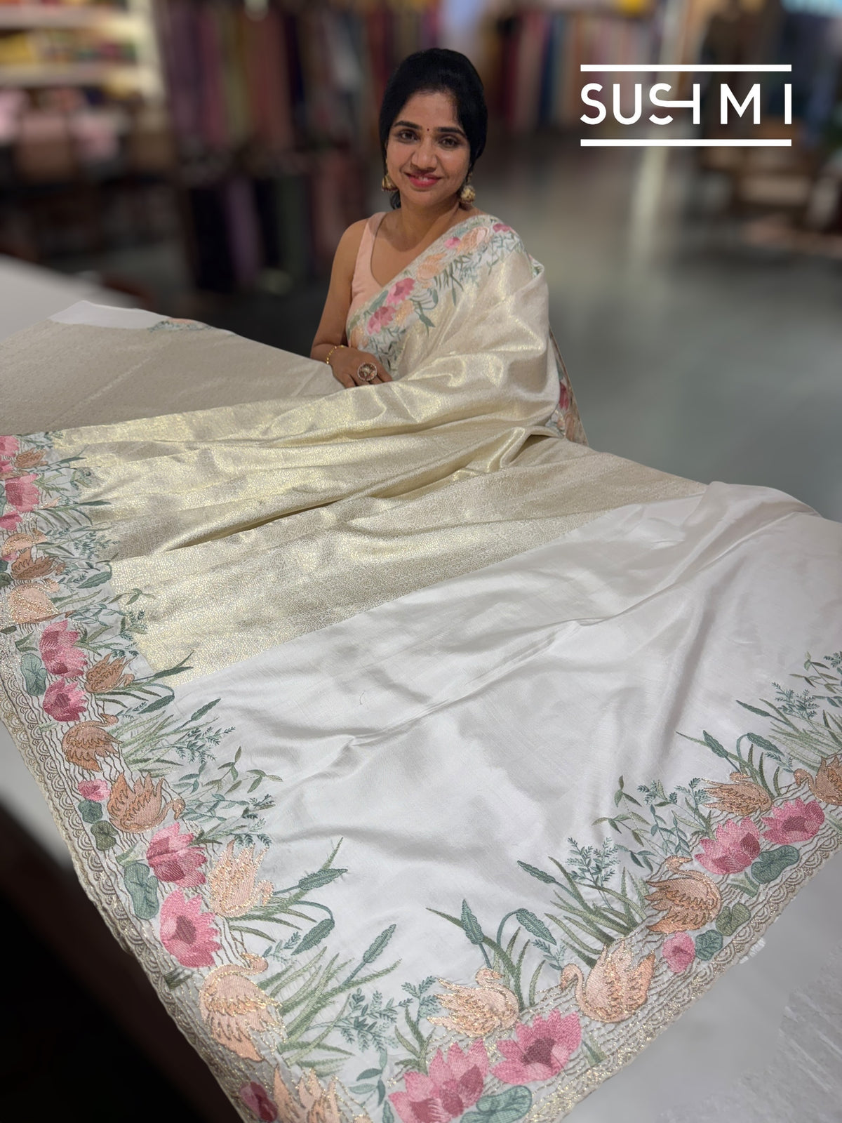 White Brocade Kanjeevaram with  embroidery D62F039