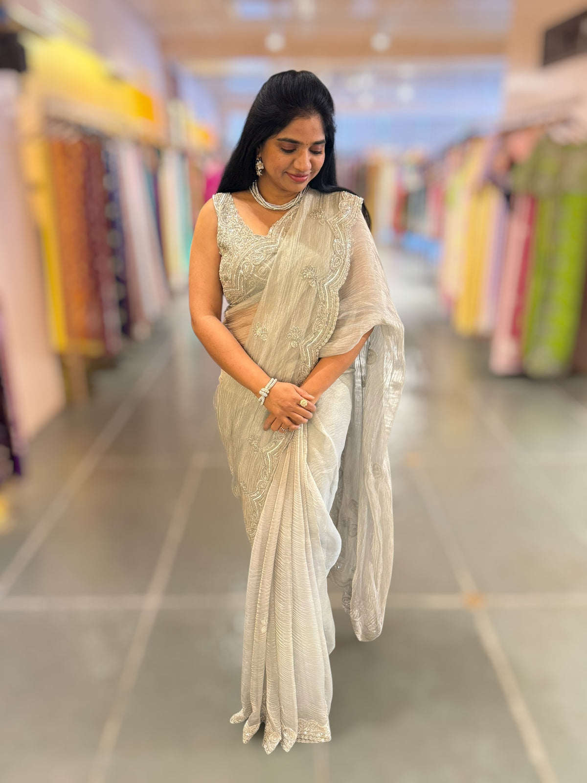 Pastel Bluish silver Crush Tissue handwork Saree