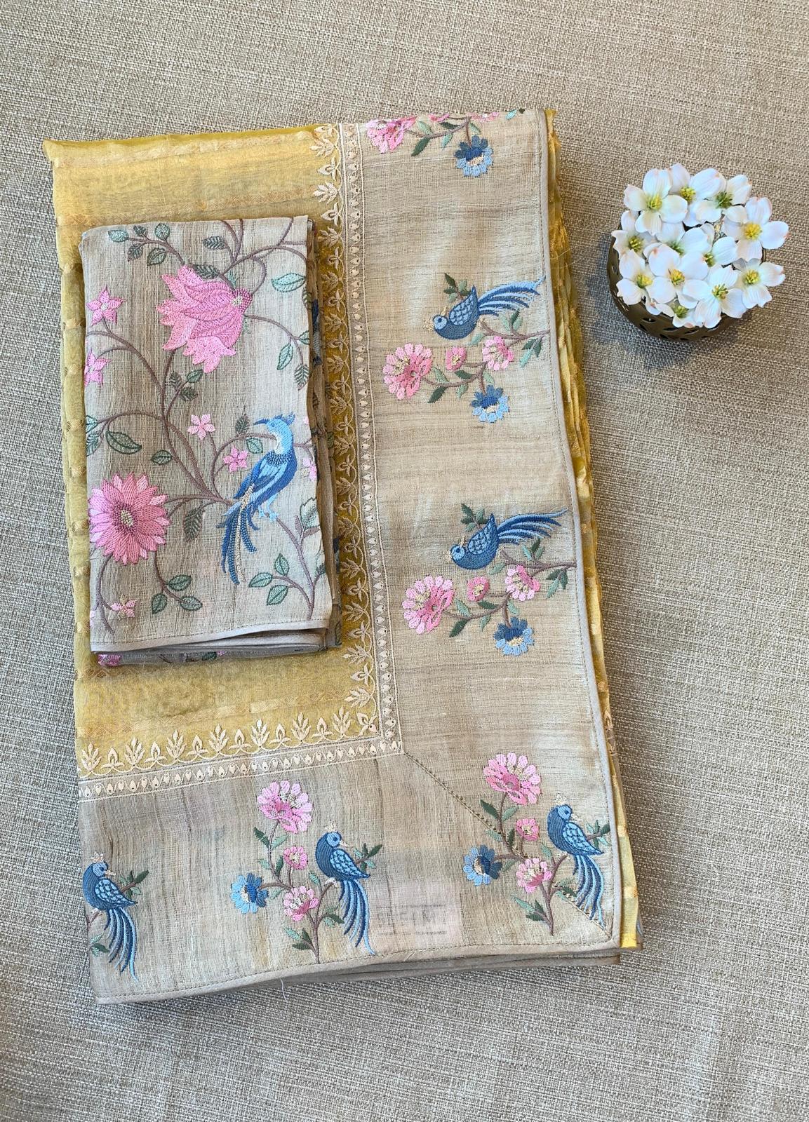 Yellow Pure Handloom Tissue Saree with pure Tussar embroidered border