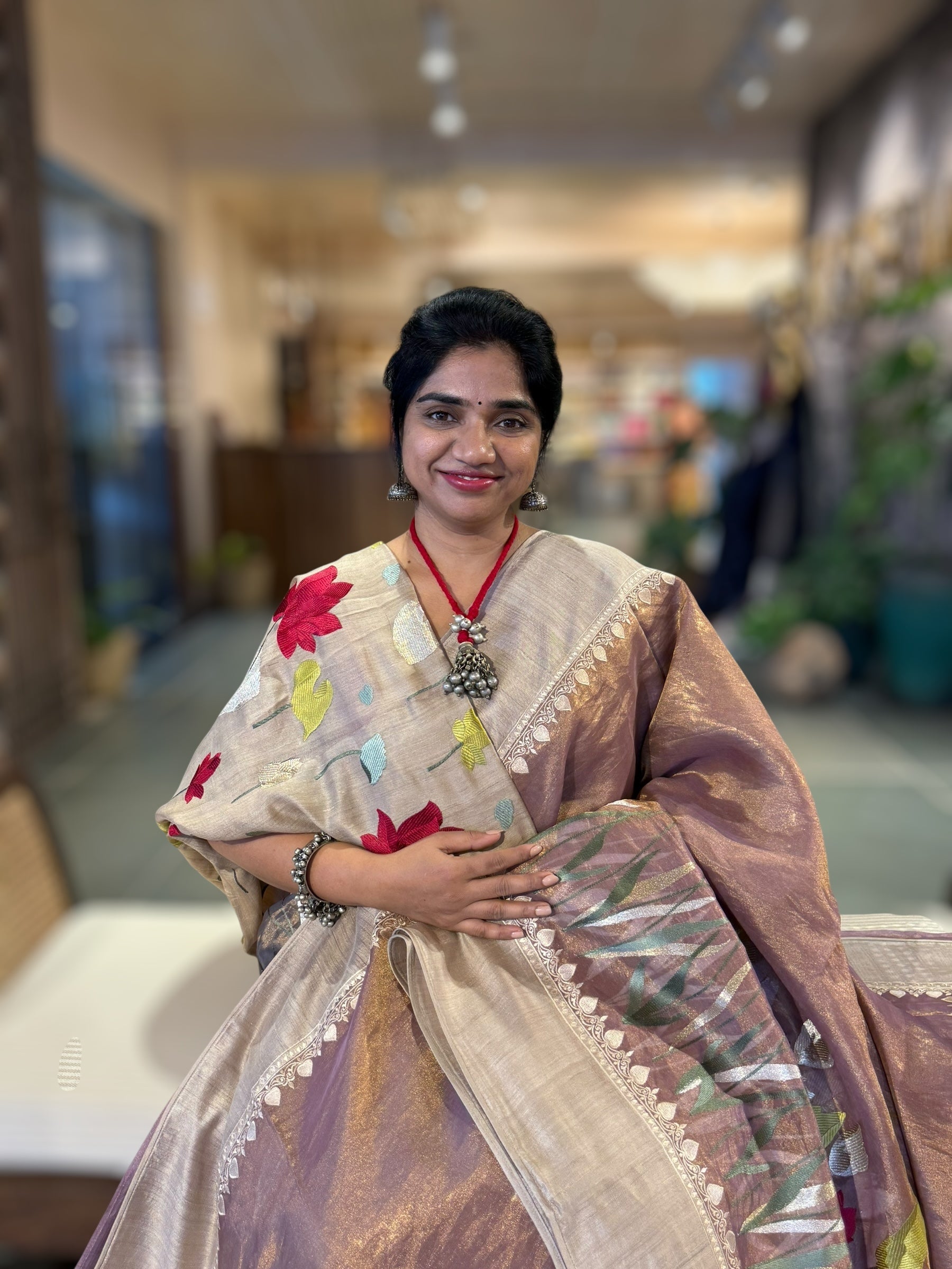 Lilac Designer Handloom Tissue Saree With Tulip embroidery