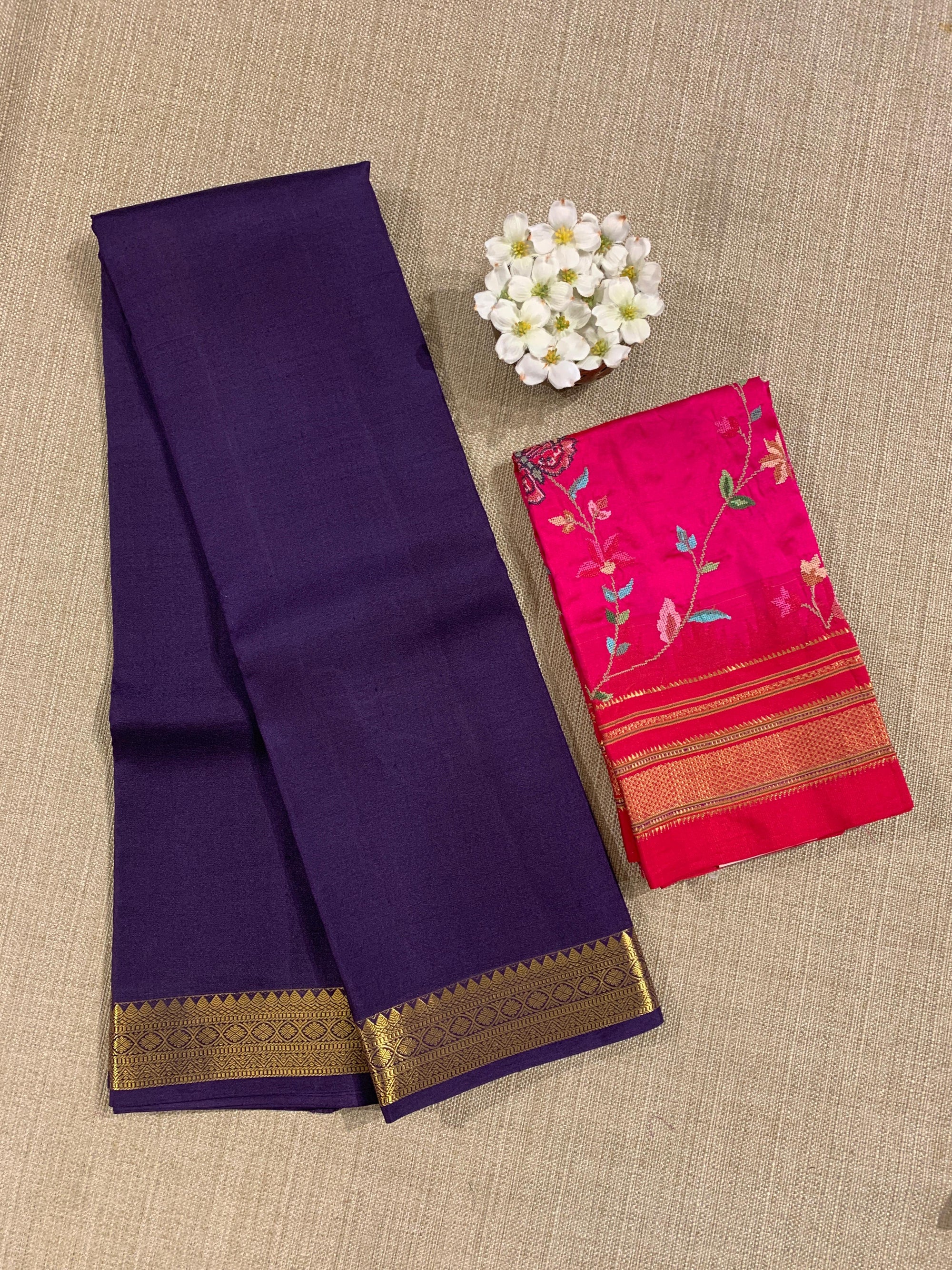 Violet Kanchi Vintage Saree with Petite Point Embroidered Blouse