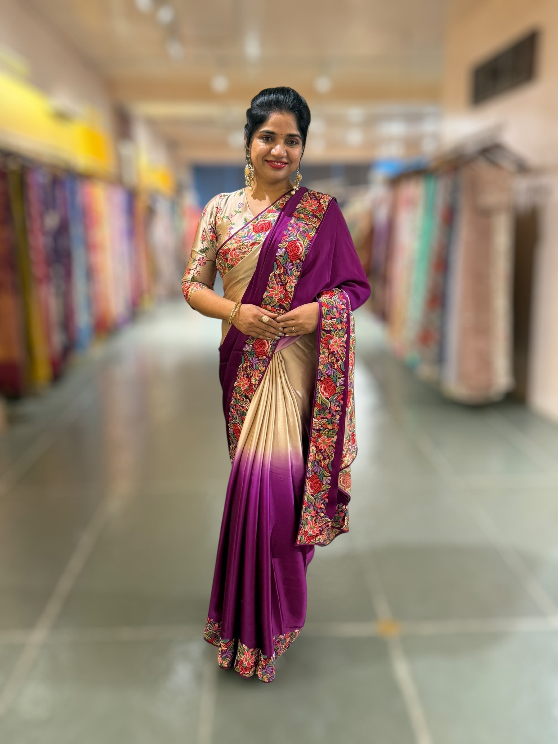 Pure Satin Ombre Dyed Saree with Petite Point Embroidered Border and blouse.