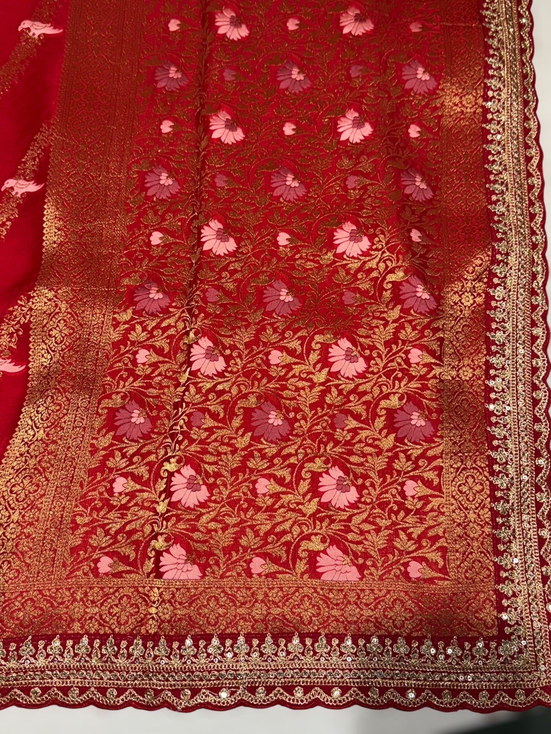 Chilli Red Mashru Silk Saree with allover weaving and Sahbysachi borders and Blouse