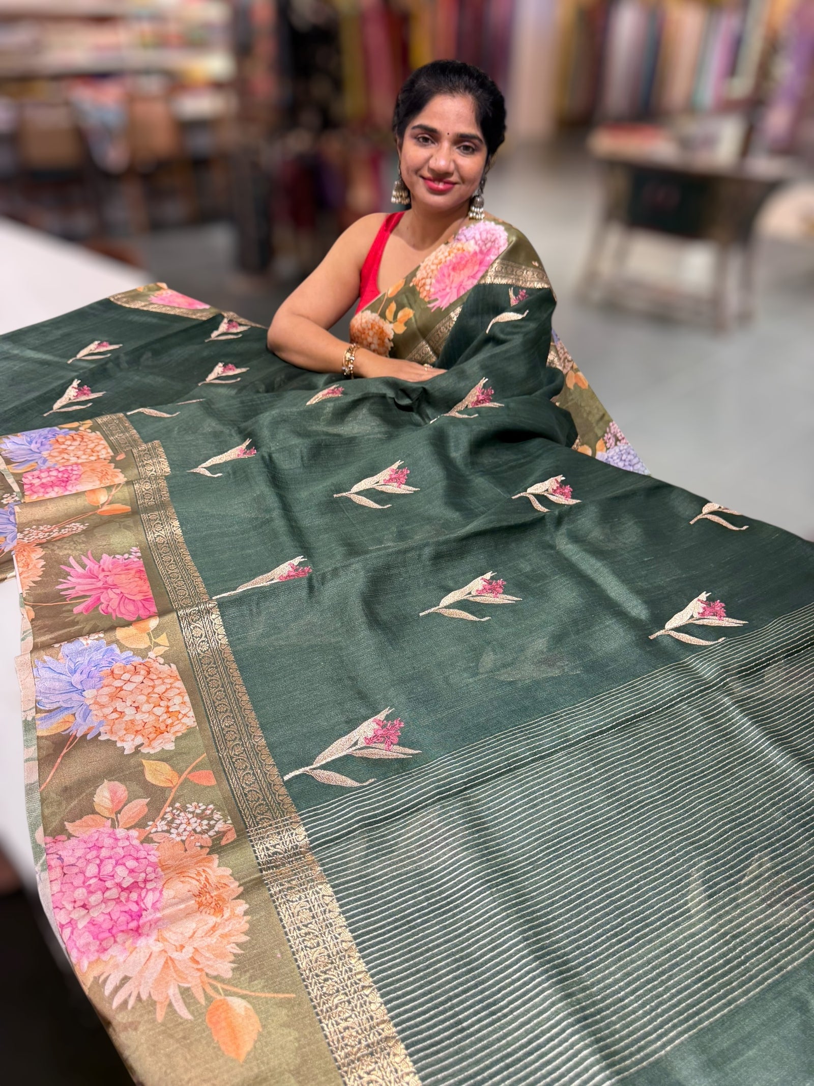 Forest Green Tussar Dhupion Saree with Floral printed mashru borders