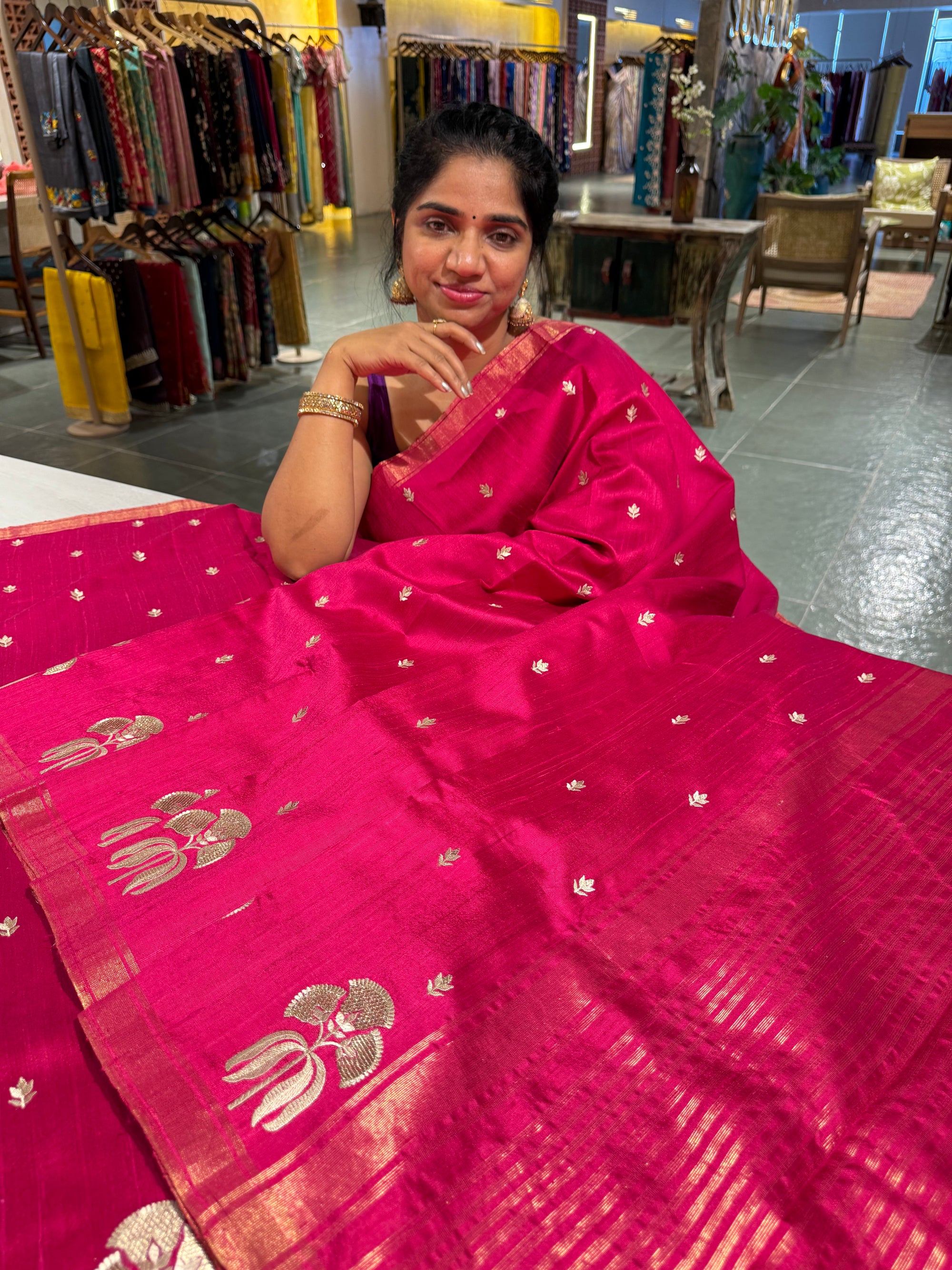Dark Pink Pure Handloom Raw Silk Saree